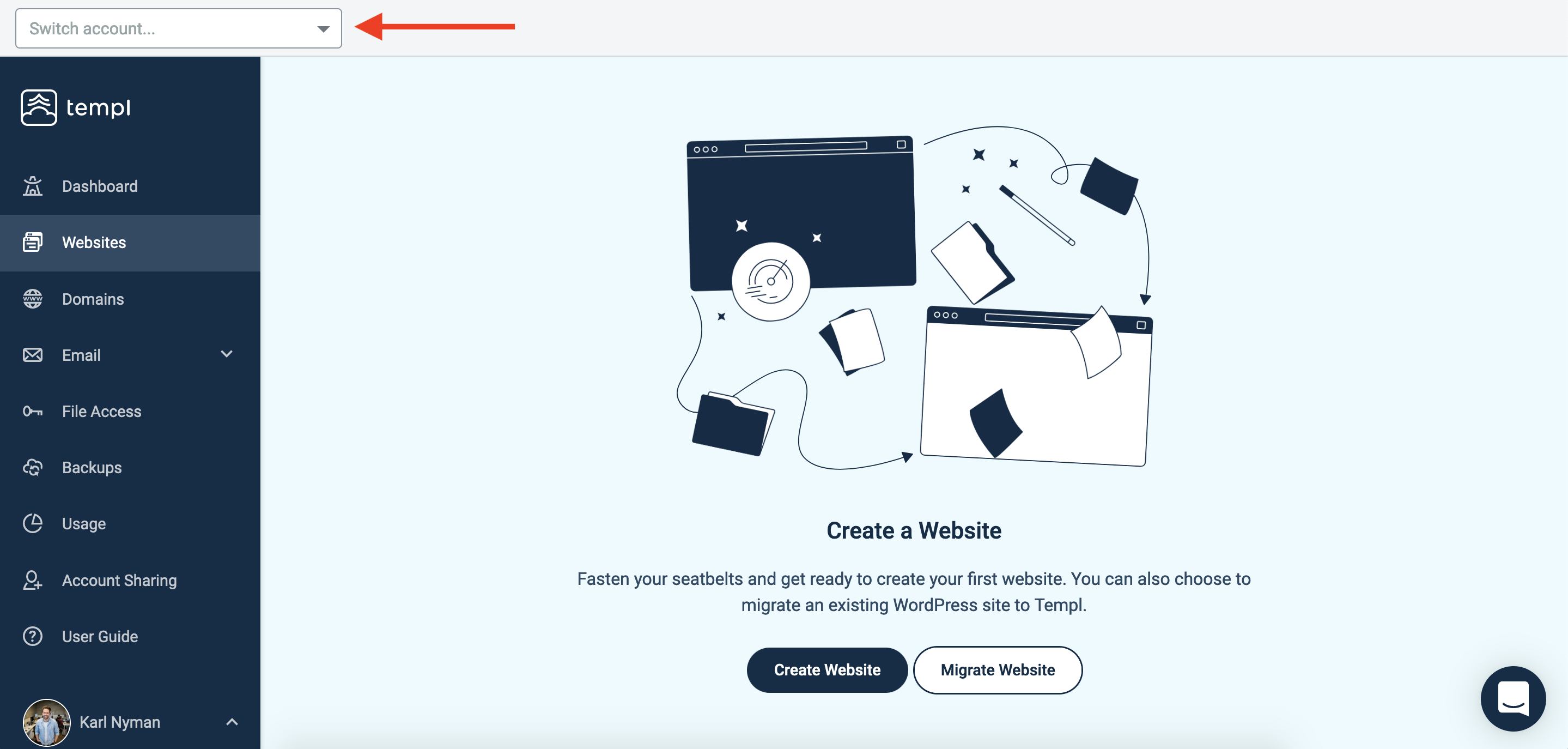 Account switcher in the top left of the Templ Panel