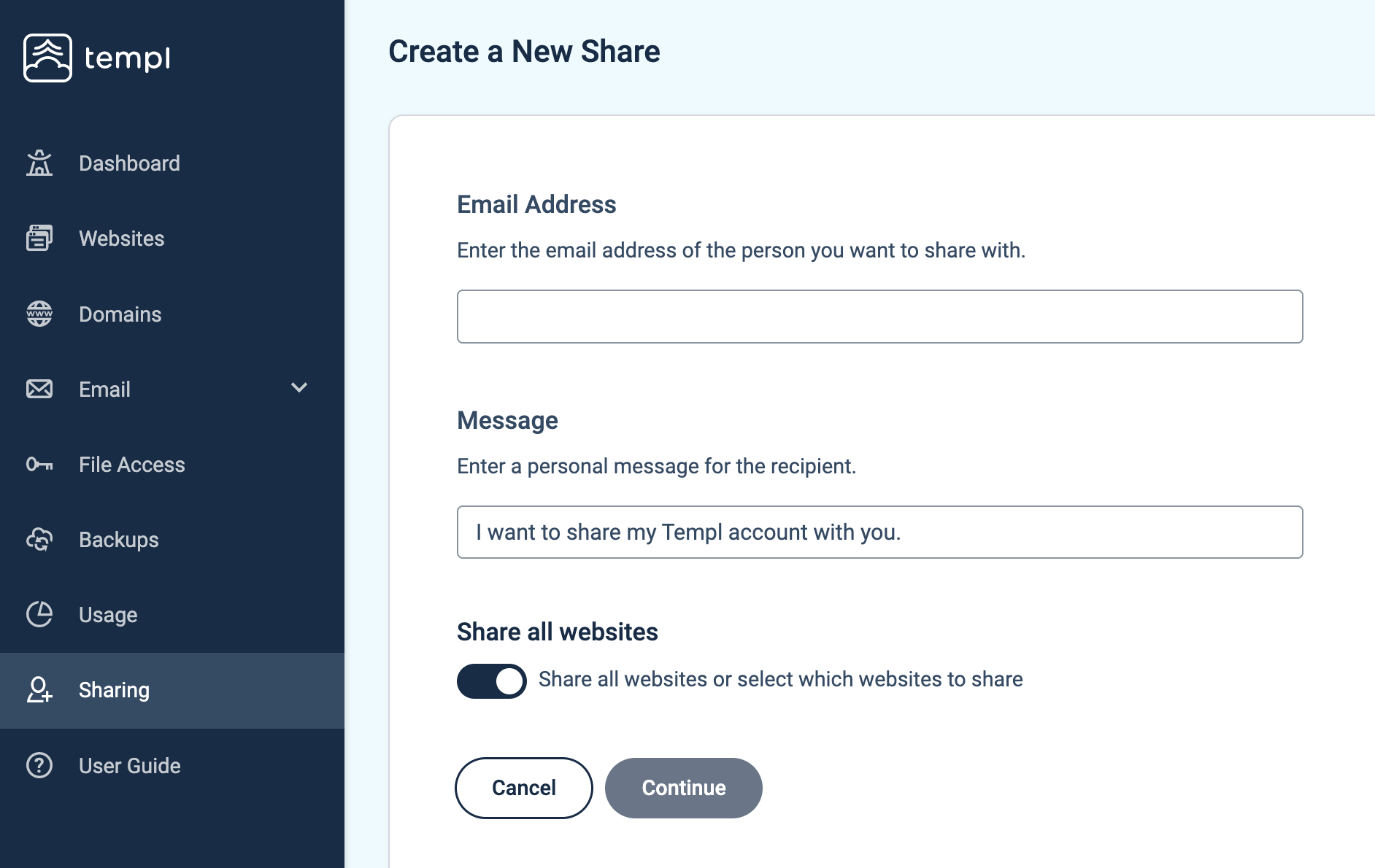 Entering the invitee's email address and a personal message