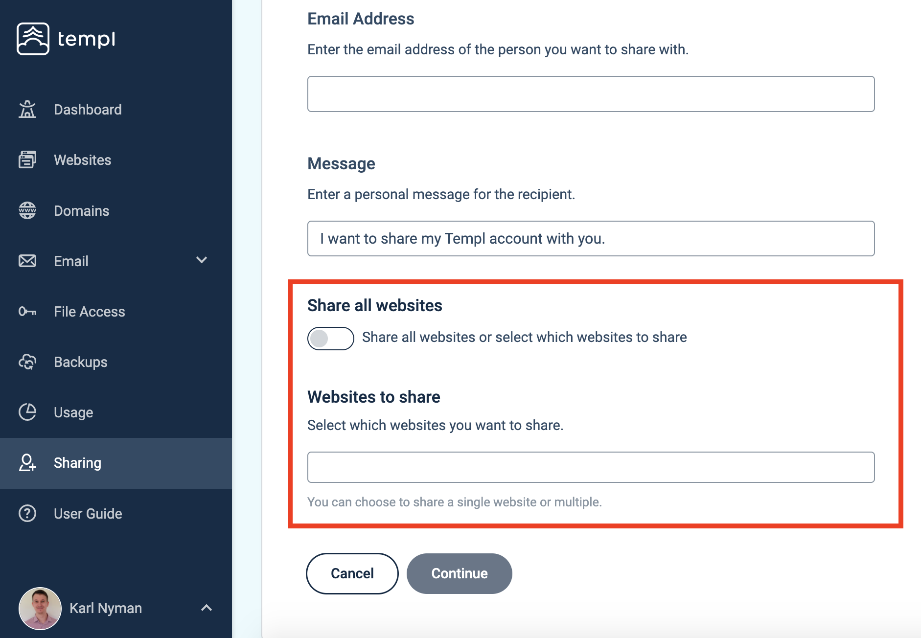 Selecting individual websites to share with the other user