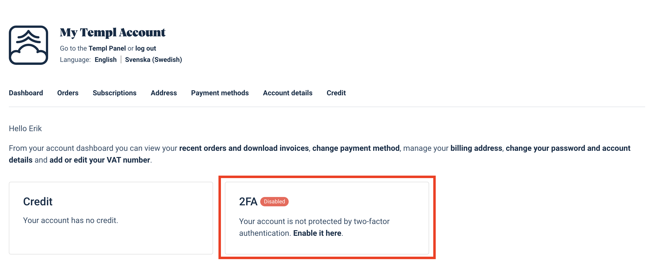 Enabling Two-Factor Authentication in the Templ Panel account details