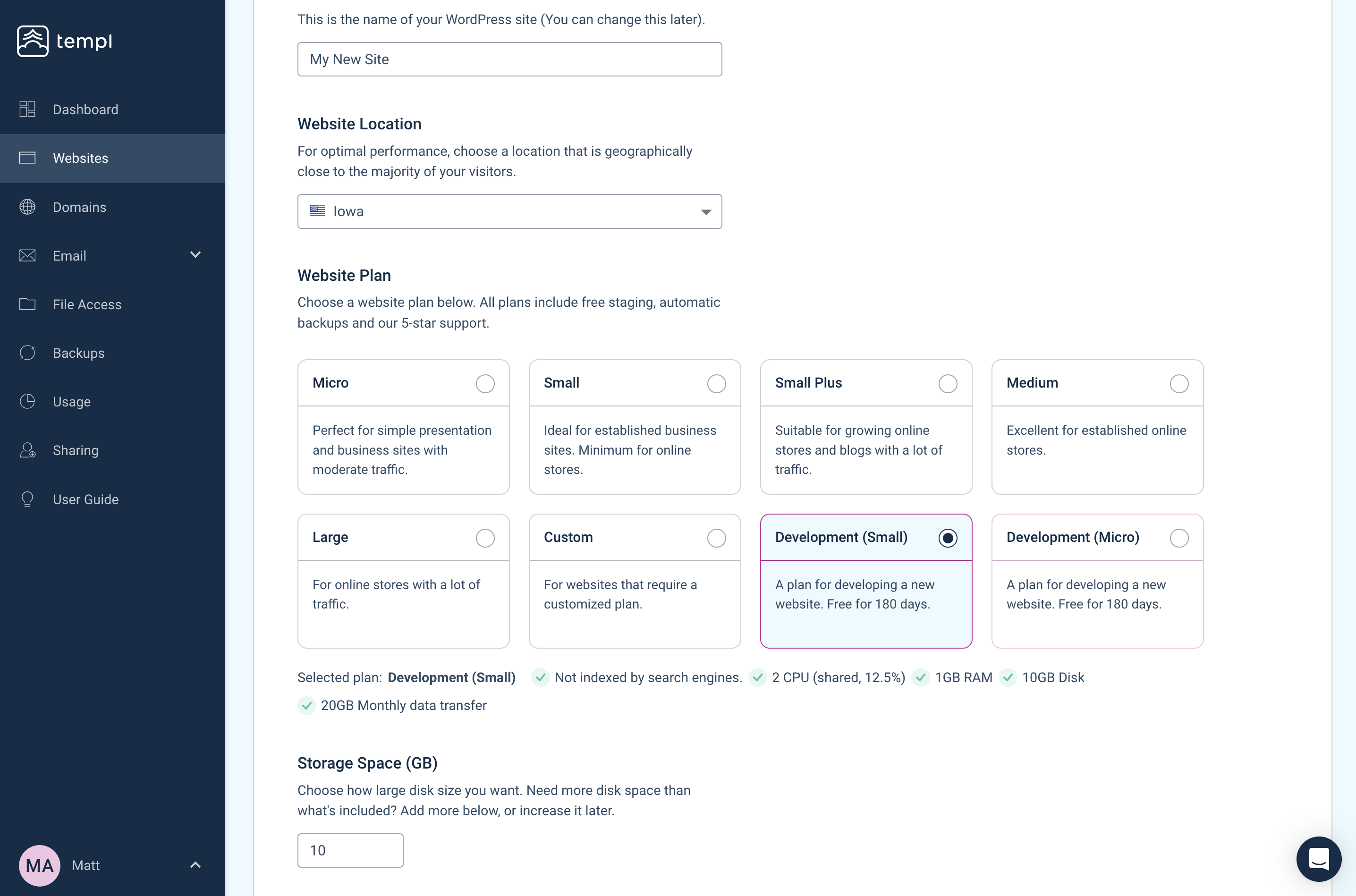 Selecting a Development plan when creating a website