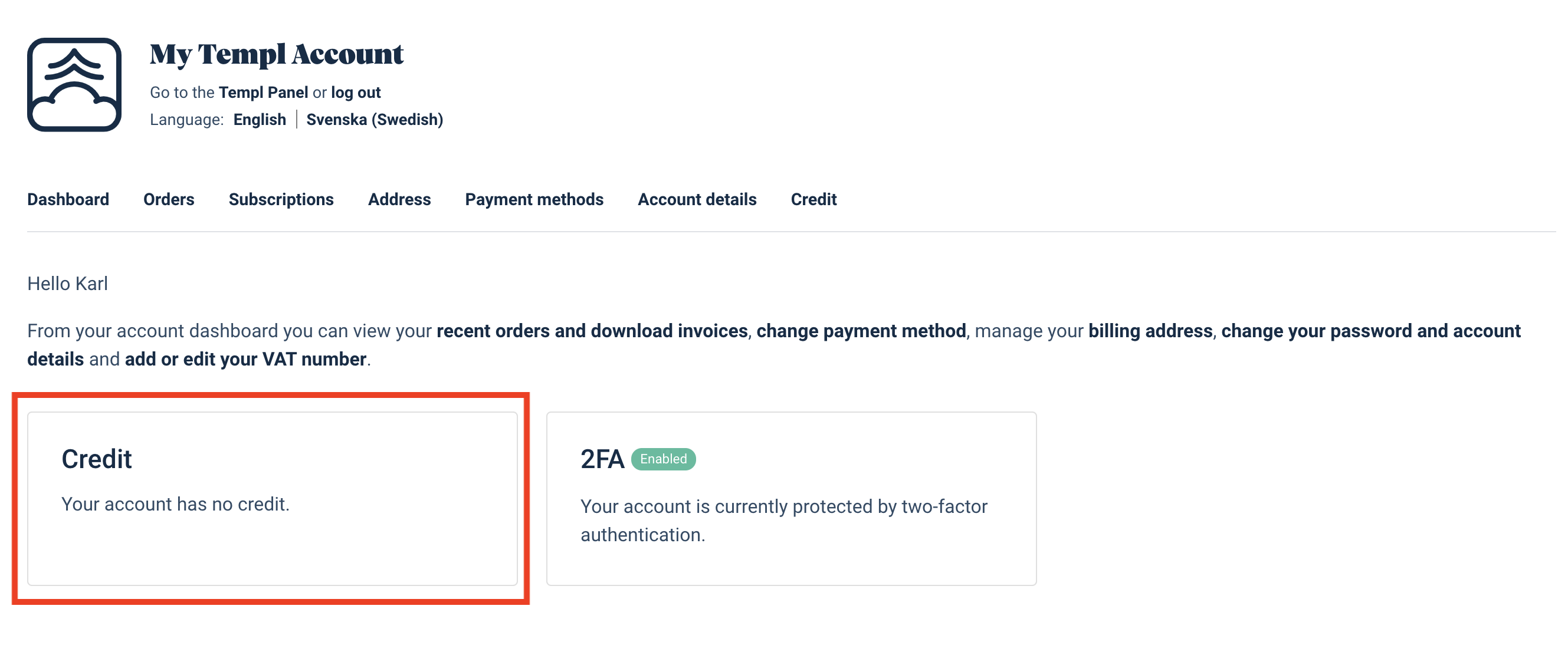 Templ credit balance shown in My Account