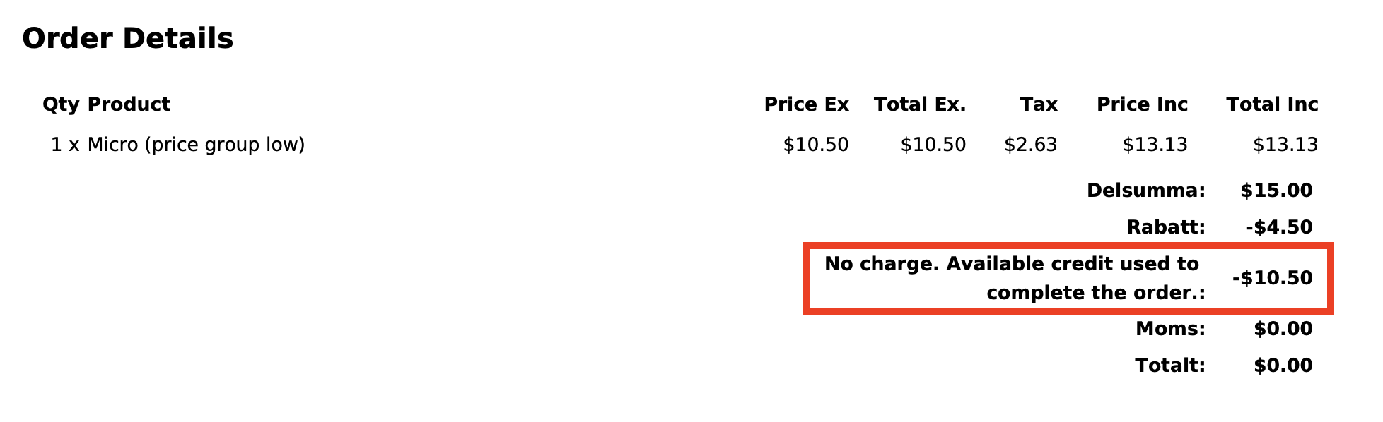 Credit usage shown on a Templ receipt