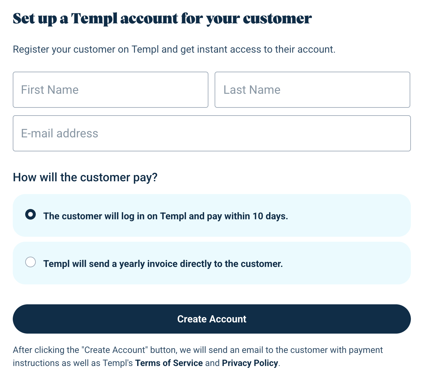 Form for creating a Templ account for a client