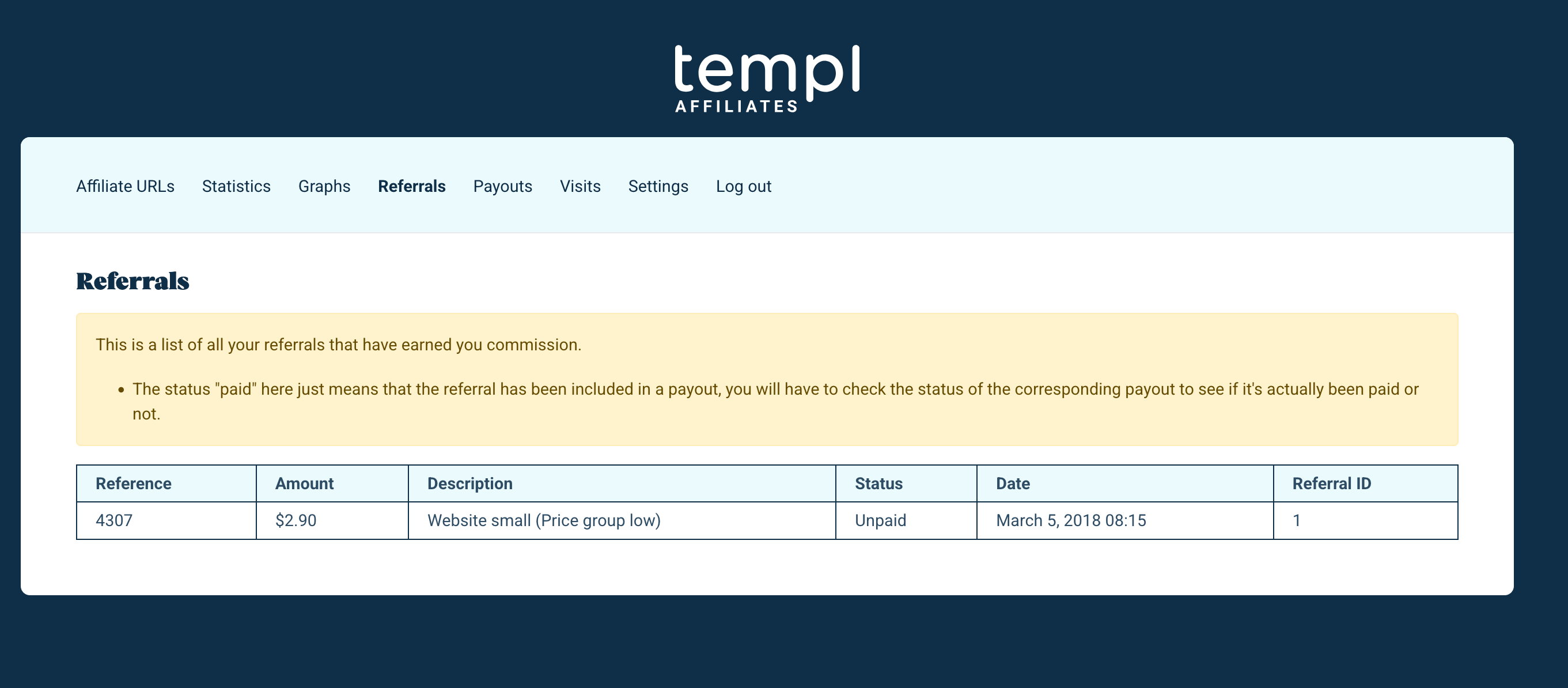 The Referrals page in the Templ affiliate area