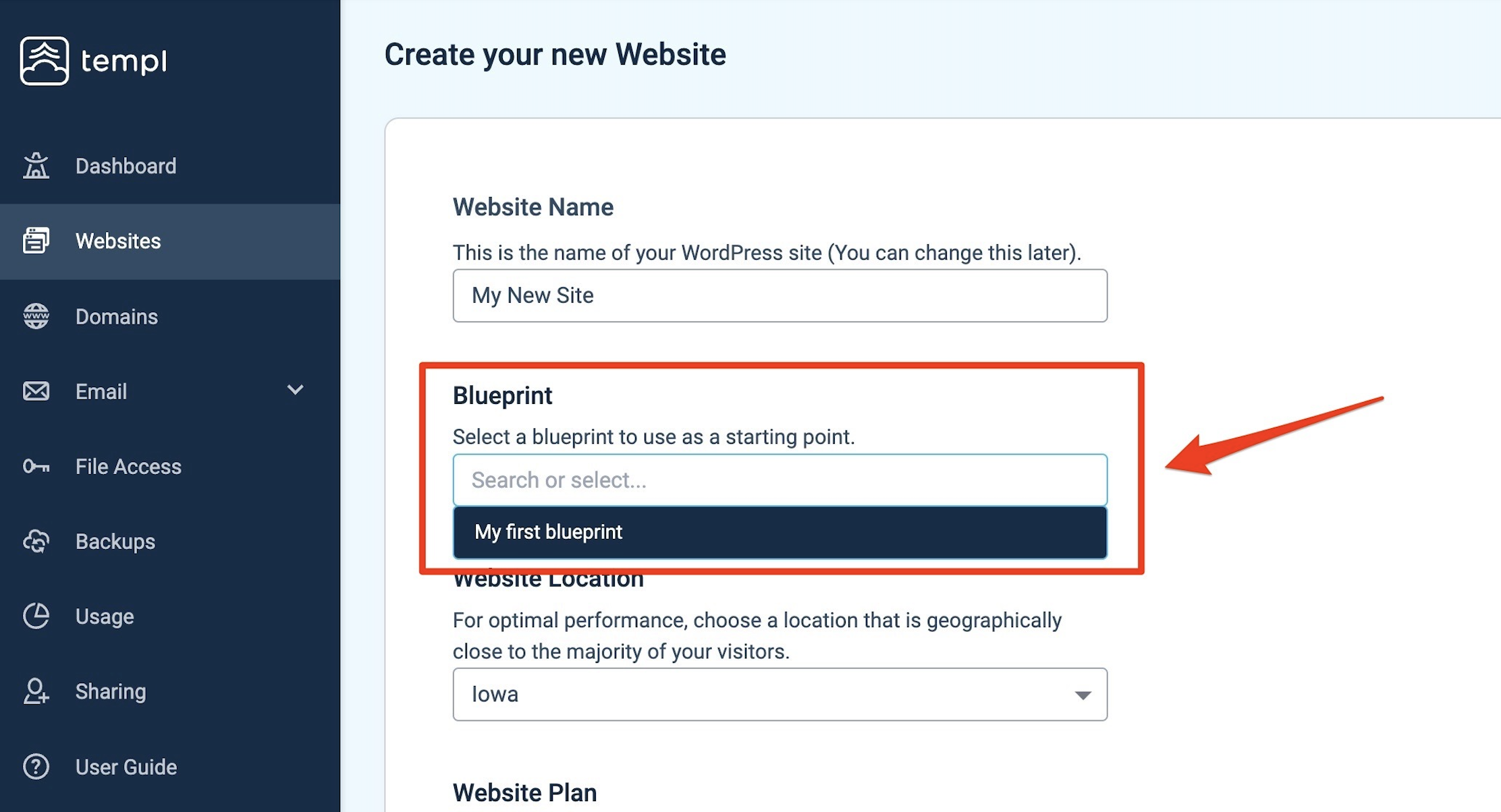 Selecting a Blueprint when creating a new website