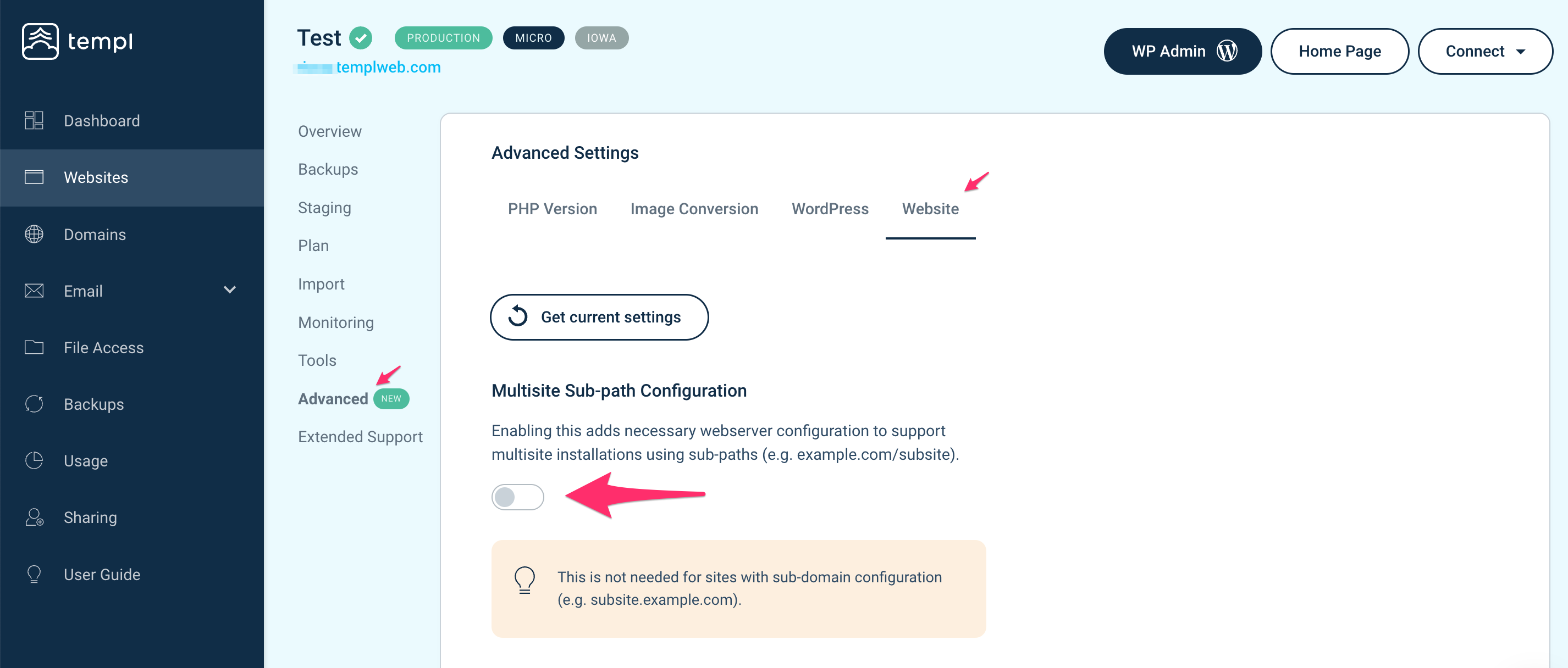 Activate multisite in the Templ Panel Site Options