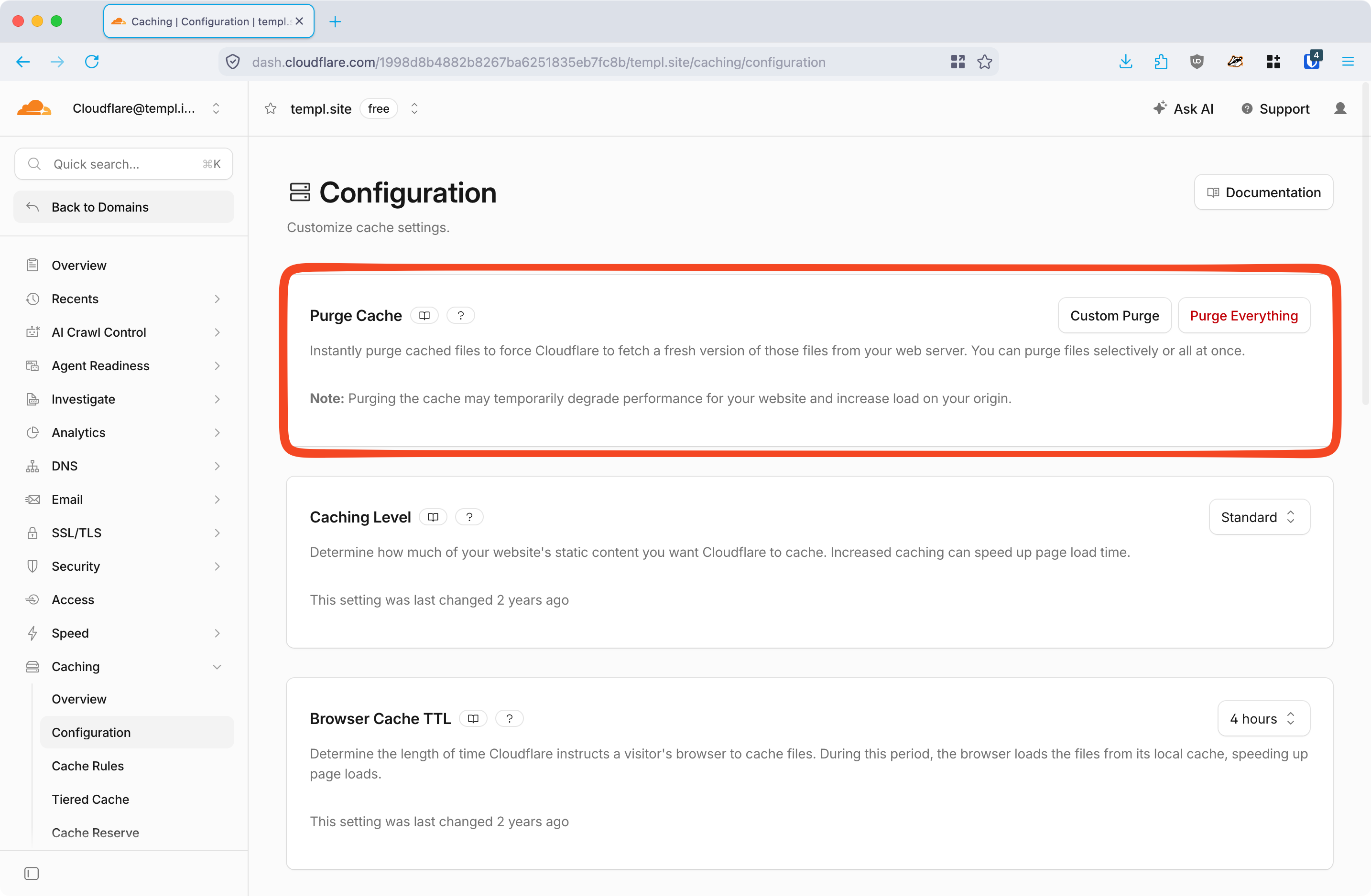 Cloudflare dashboard cache purge options
