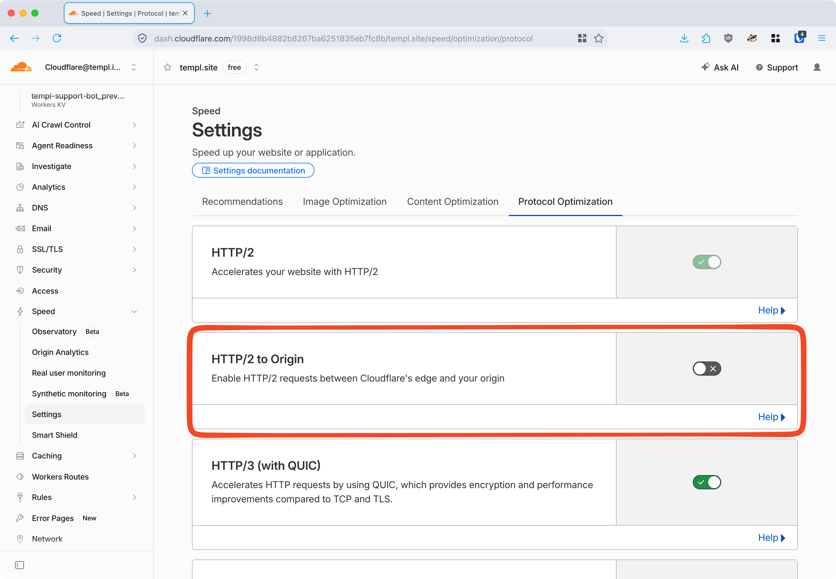 Cloudflare HTTP/2 to Origin setting under Protocol Optimization