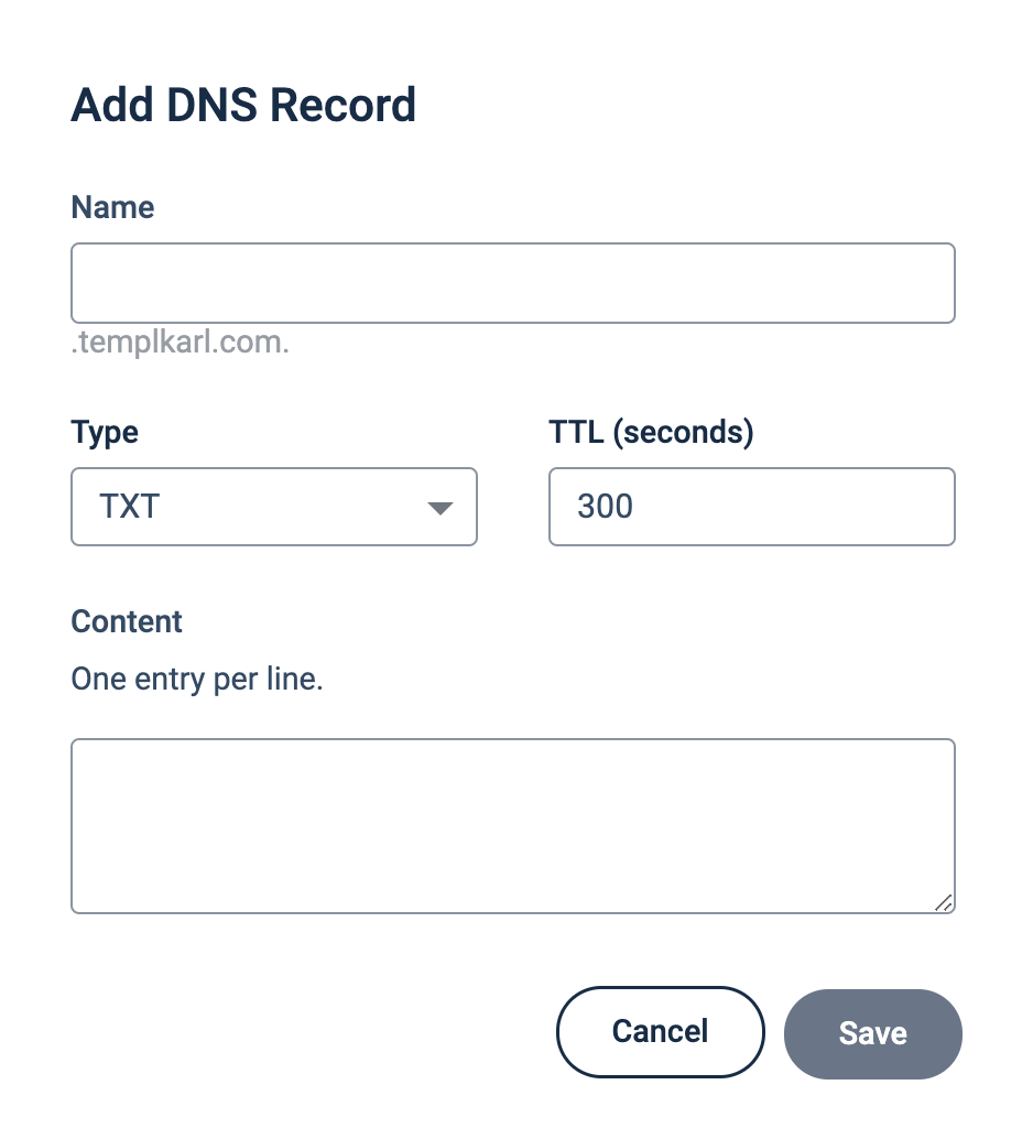 Templ Panel new DNS record dialog