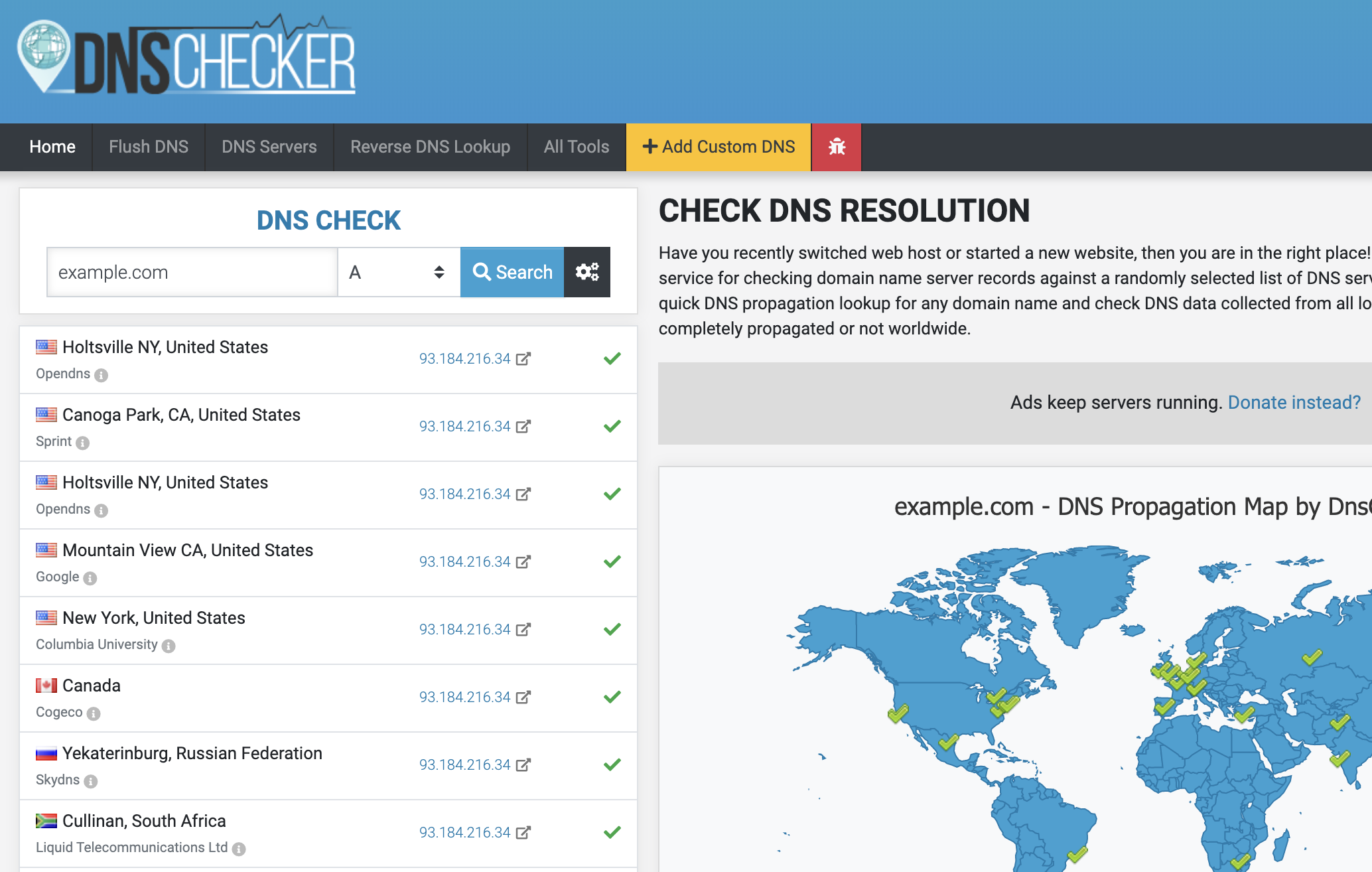 DNS Checker tool showing A-record propagation results