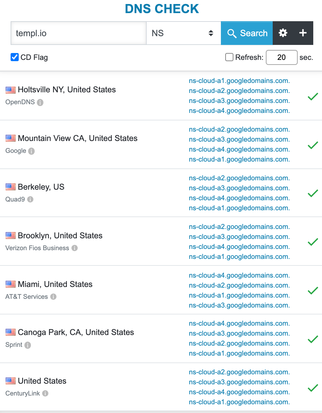 DNS Checker tool showing NS record lookup results