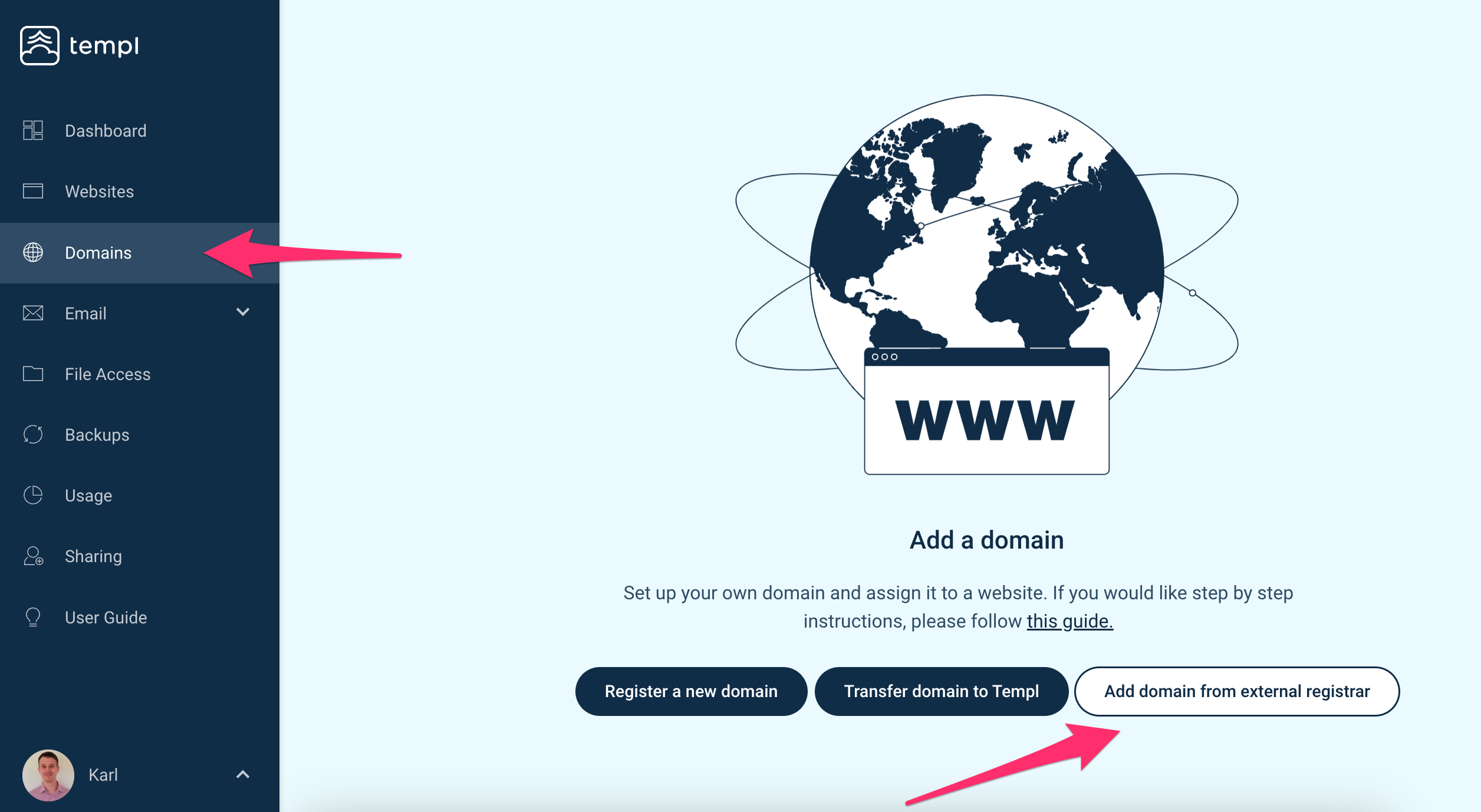 Templ Panel Add domain from external registrar button