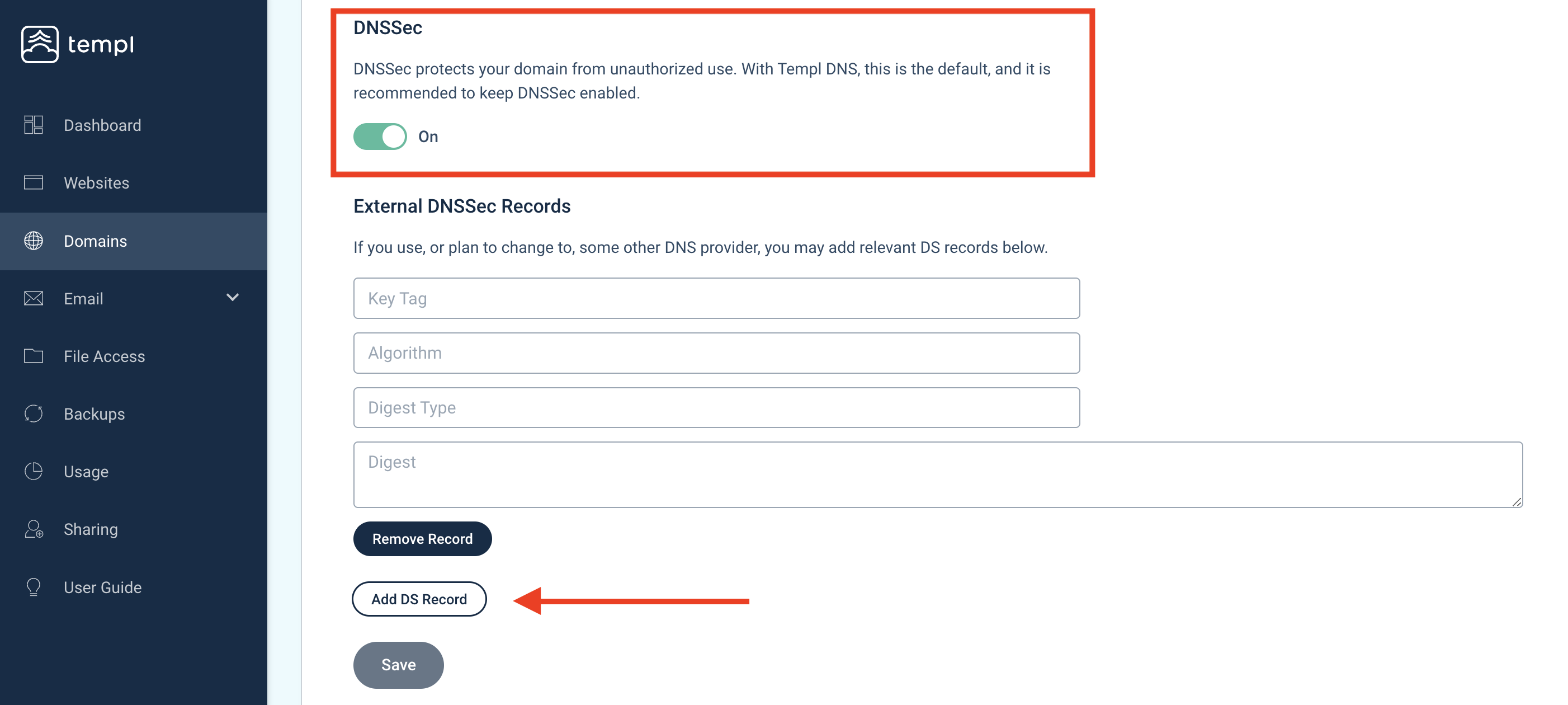 Templ Panel DNSSEC and DS record settings