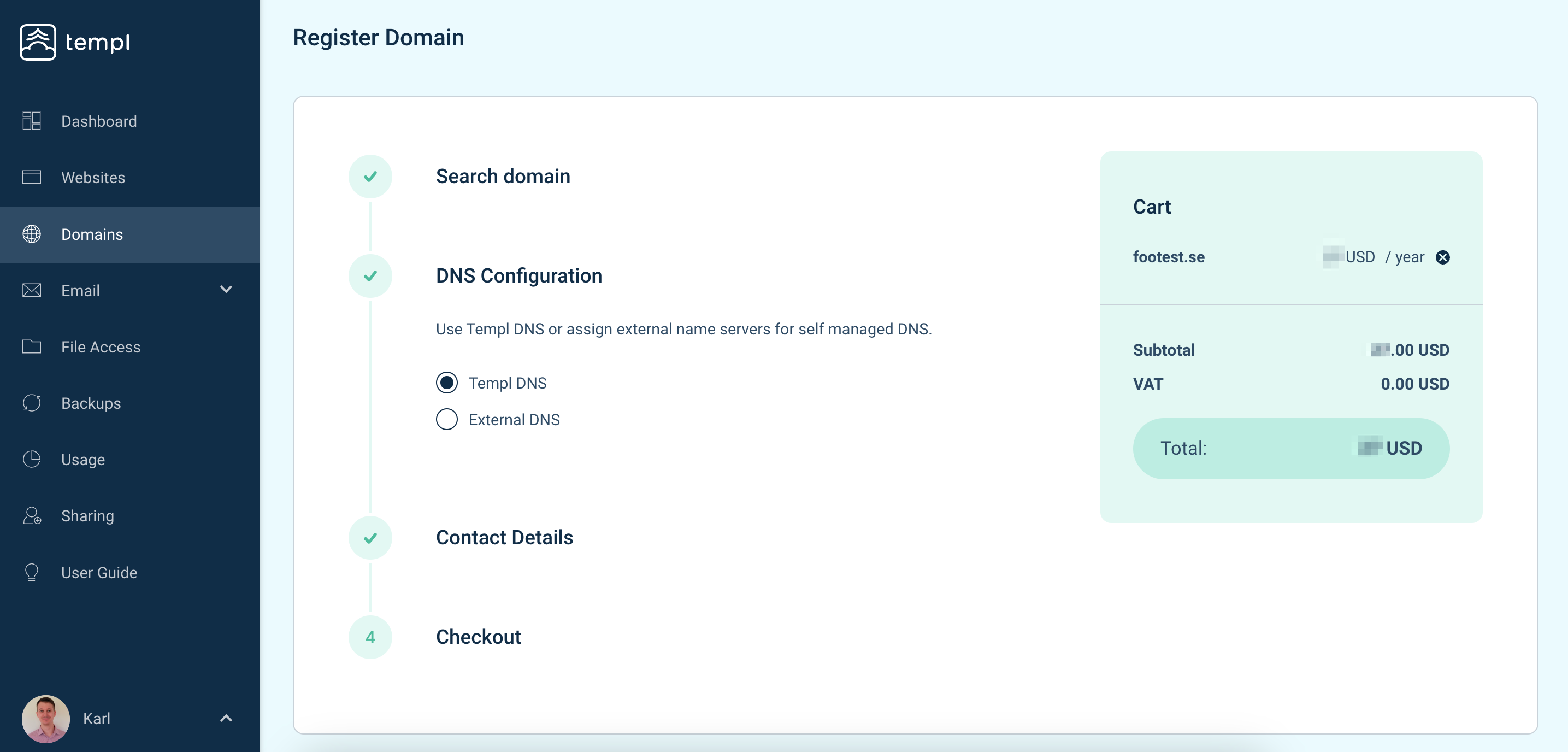 Templ Panel DNS configuration options when registering a domain
