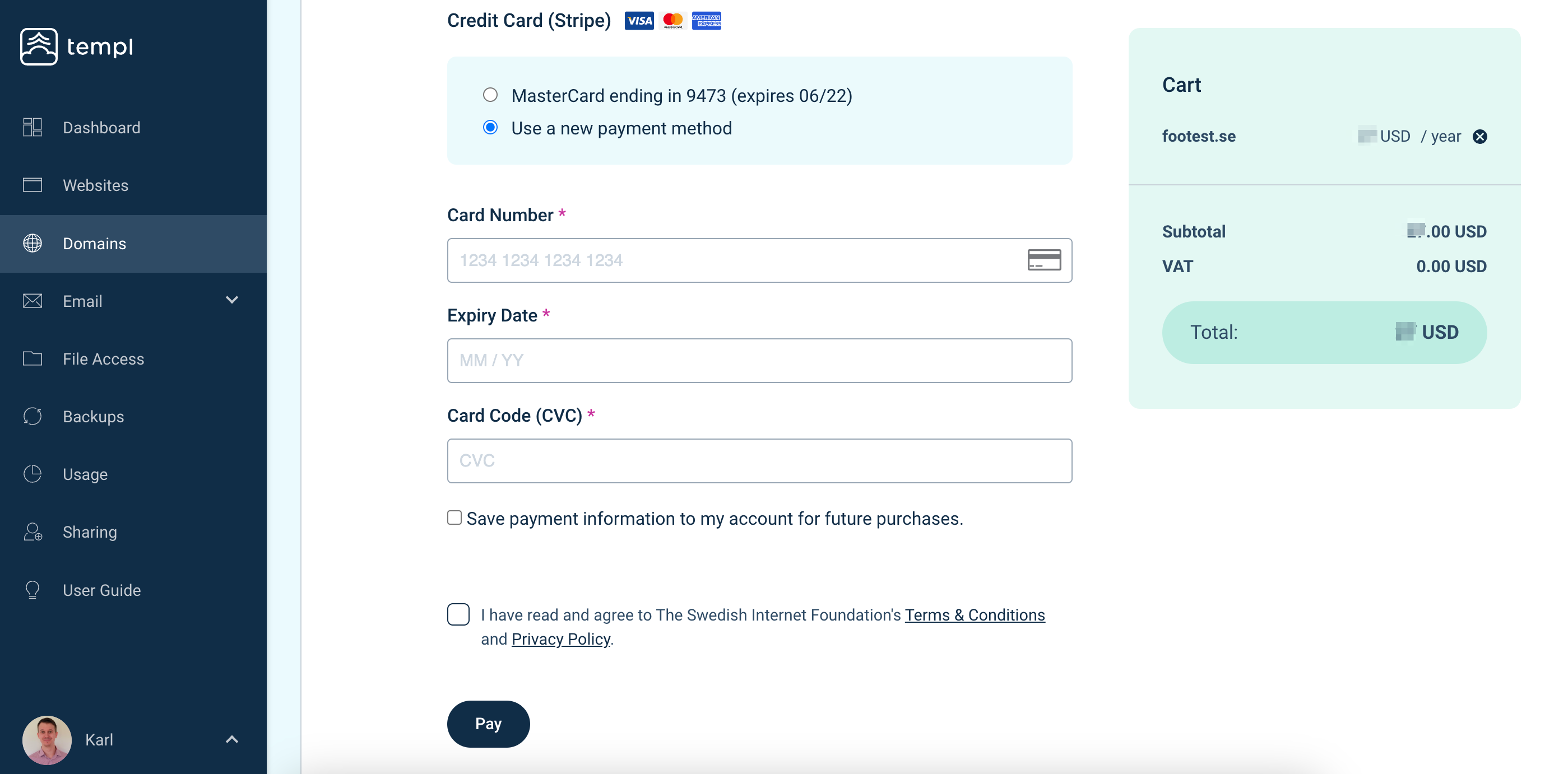 Templ Panel domain purchase checkout with card details