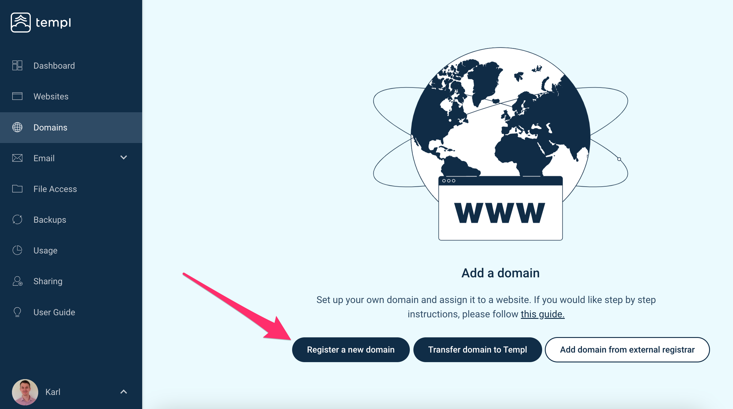 Templ Panel Register a new domain button