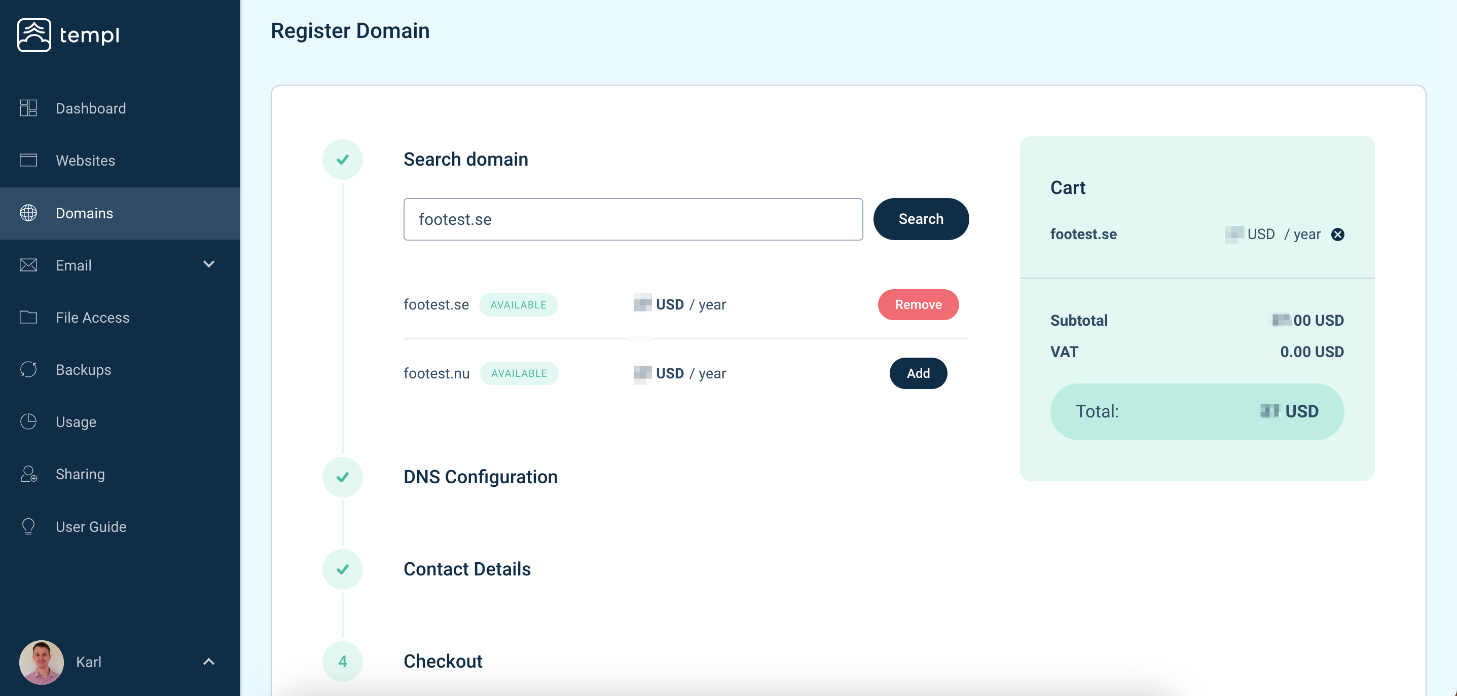 Templ Panel domain search with availability and pricing