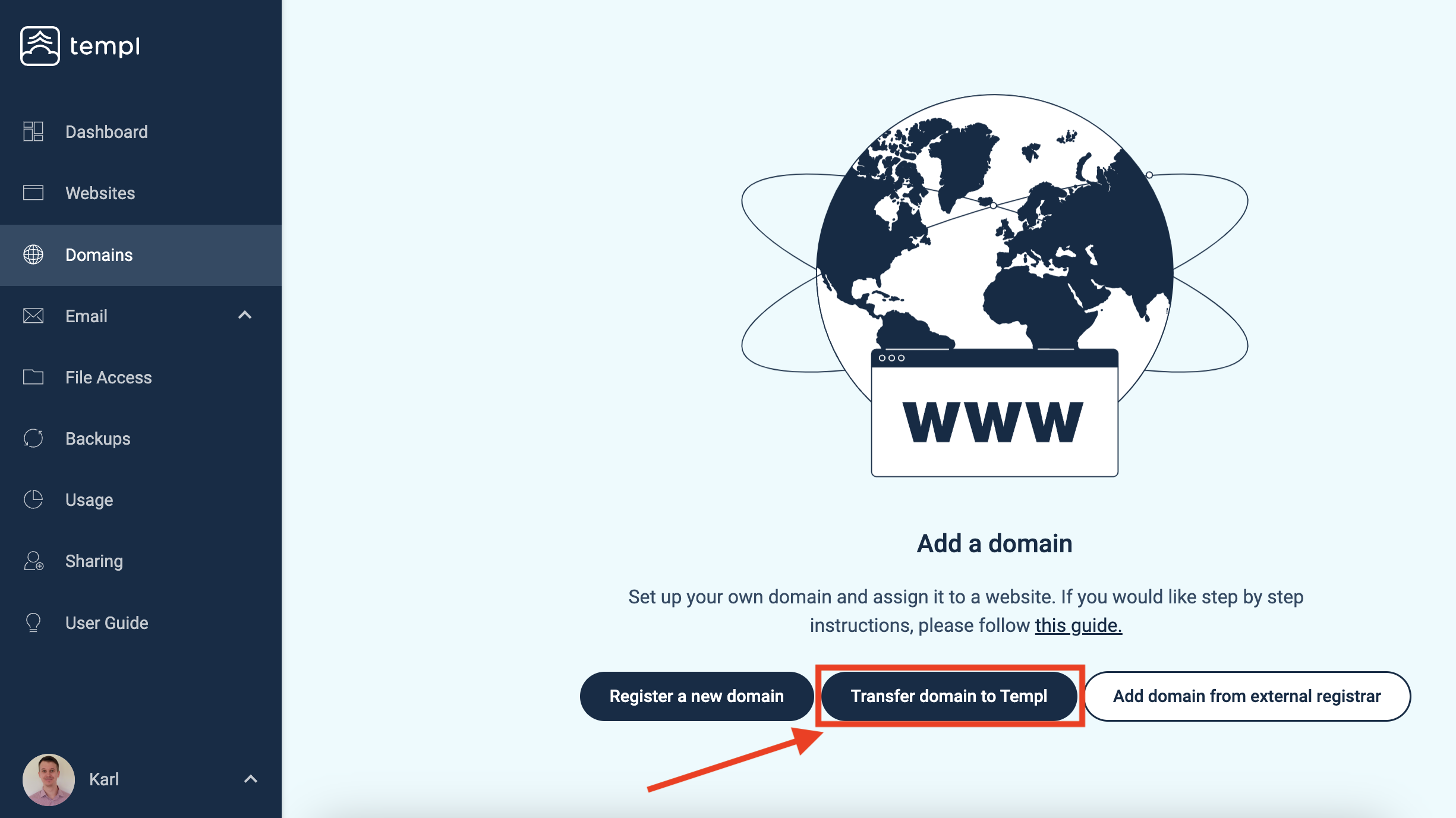 Templ Panel Transfer domain to Templ button