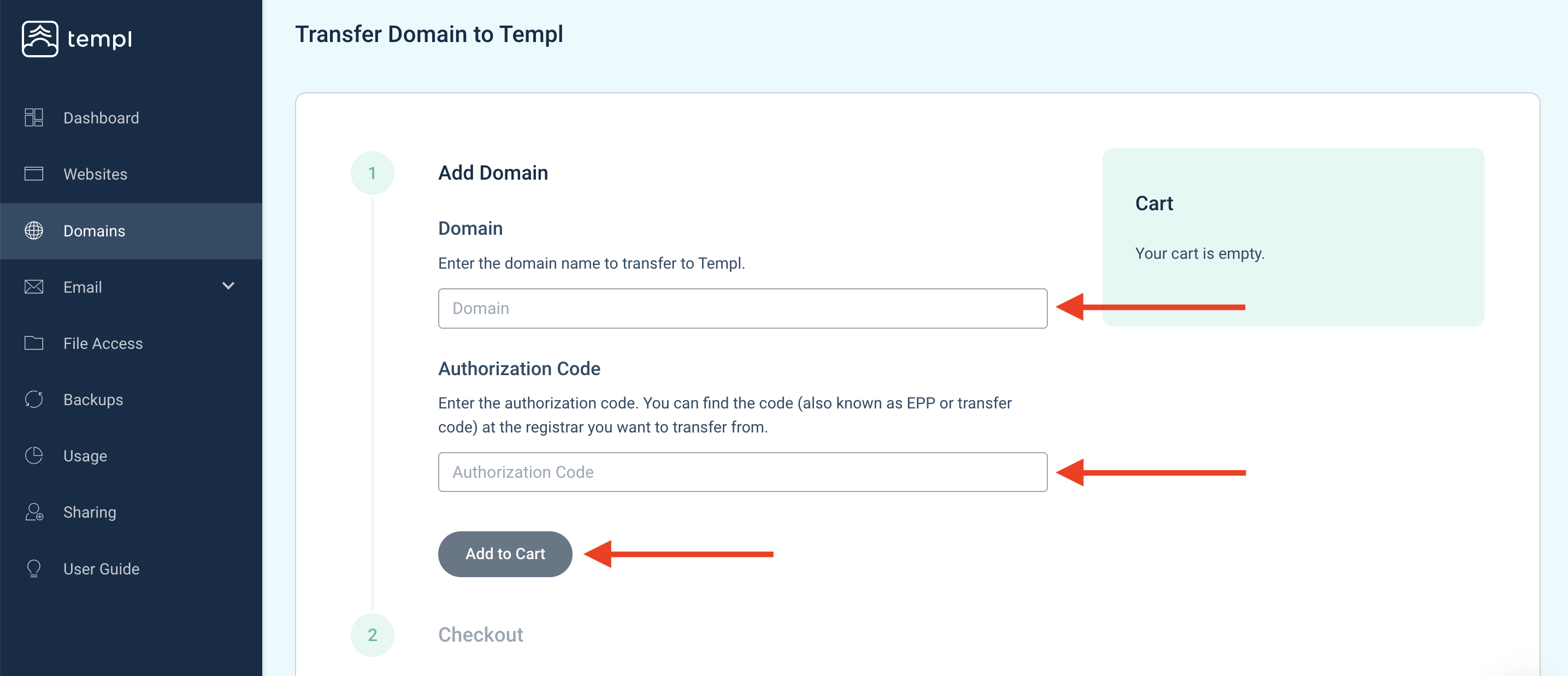 Templ Panel fields for domain name and authorization code