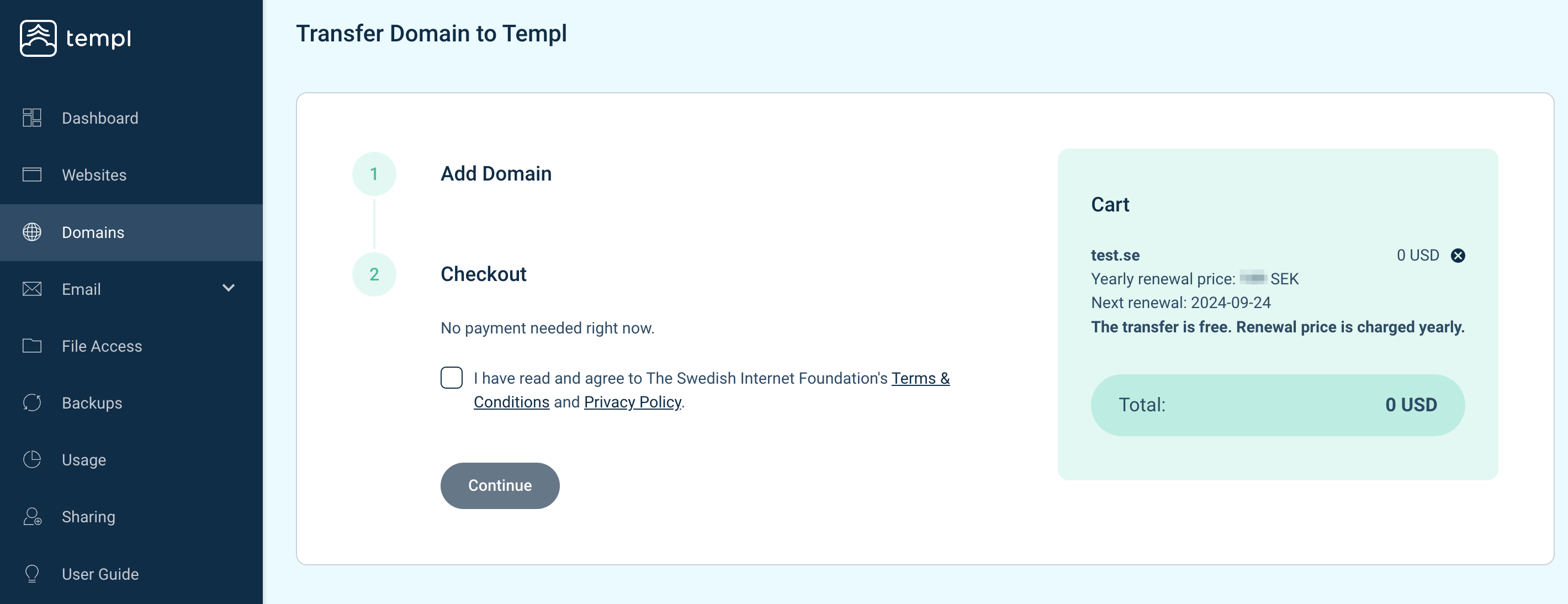 Templ Panel domain transfer checkout step