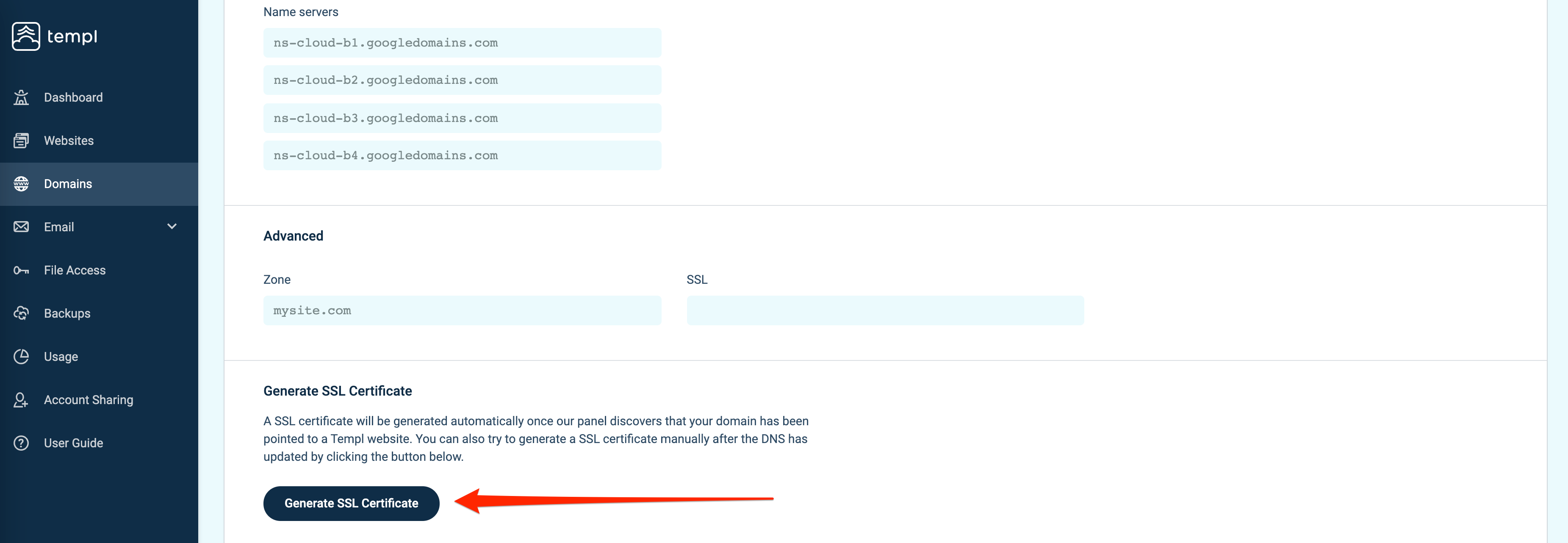 Templ Panel Generate SSL Certificate button on the domain page