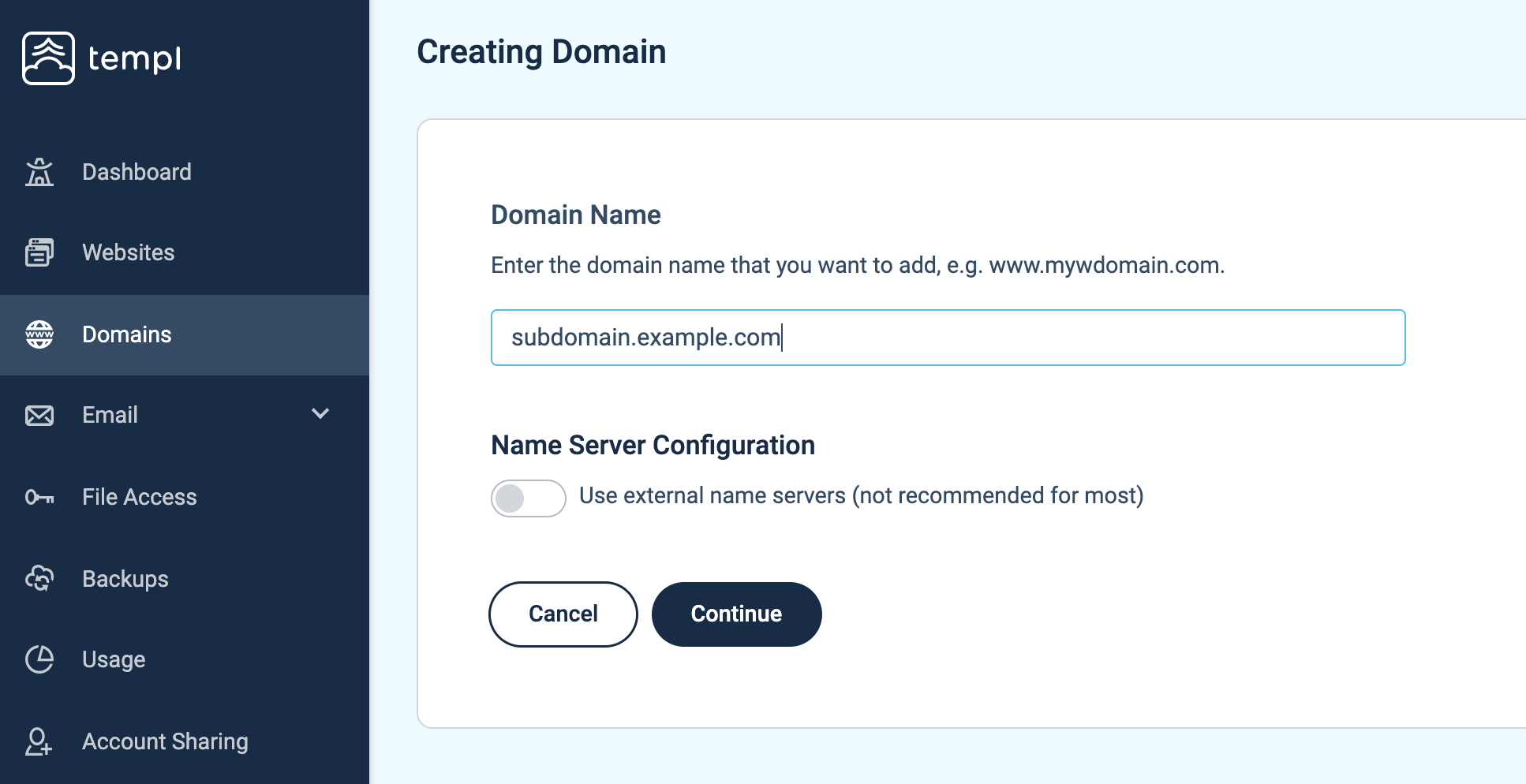 Templ Panel add subdomain form with external name servers option off