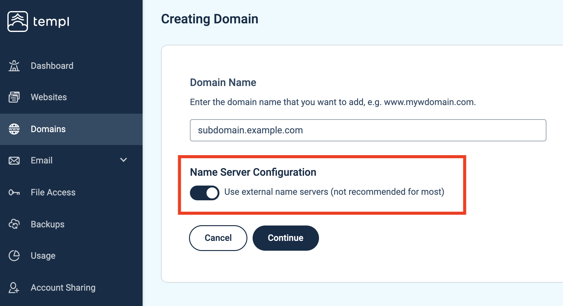 Templ Panel add subdomain form with external name servers option on