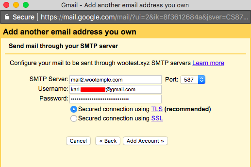 Entering Templ SMTP details in Gmail
