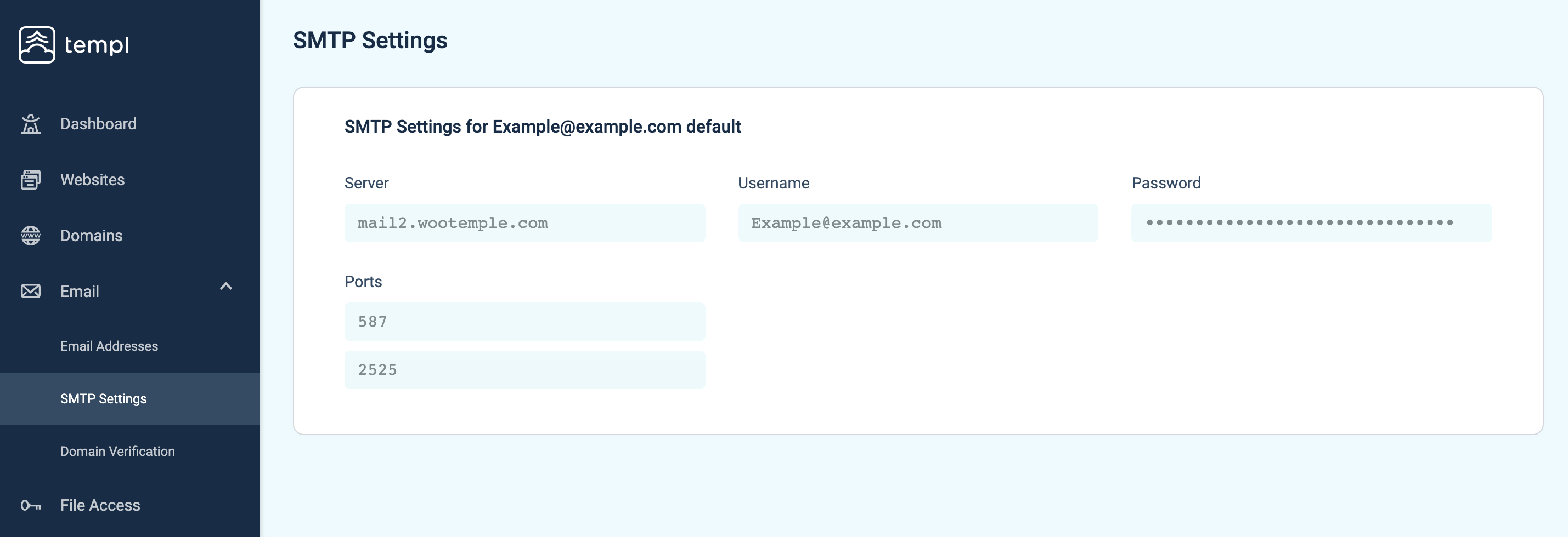 Templ SMTP Settings page in the Templ Panel