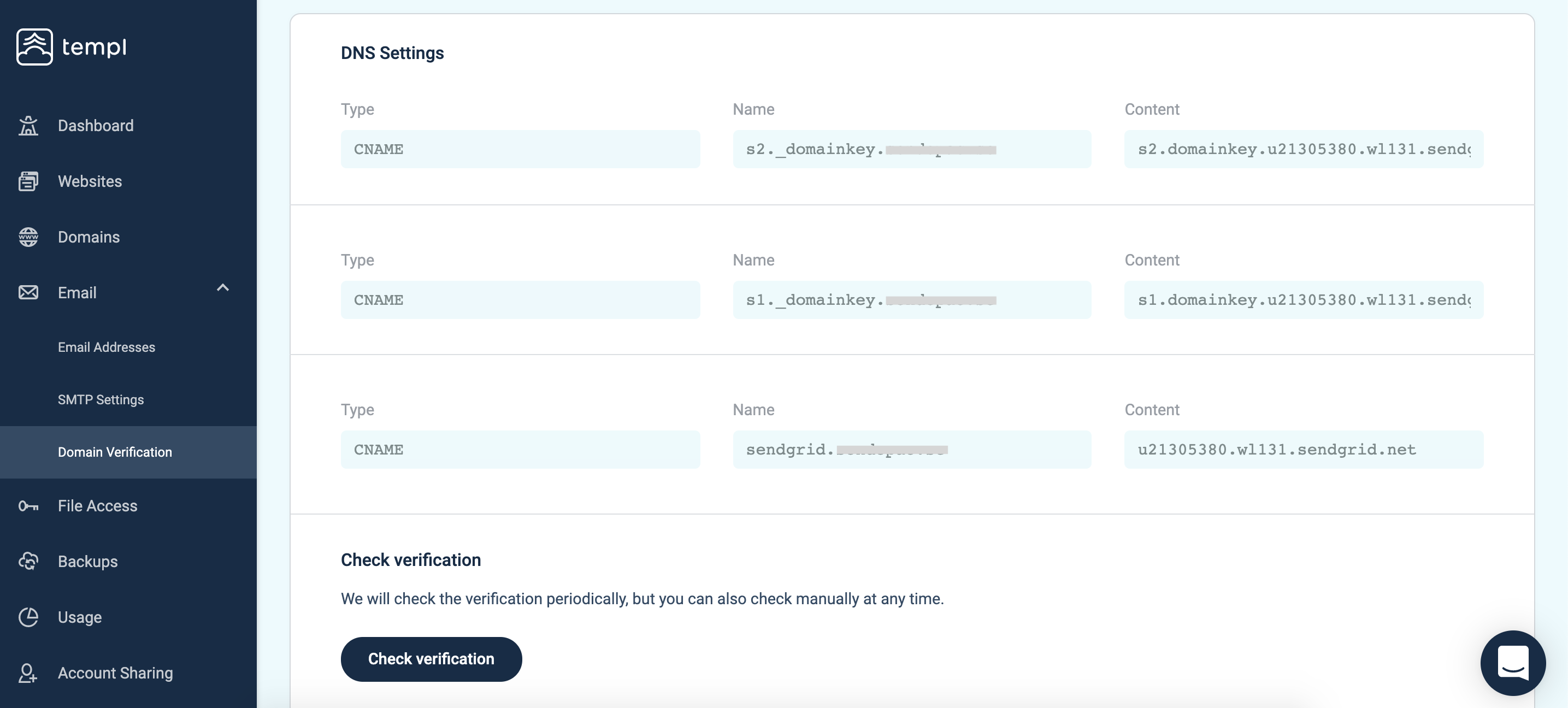 Templ Panel domain verification page showing CNAME records