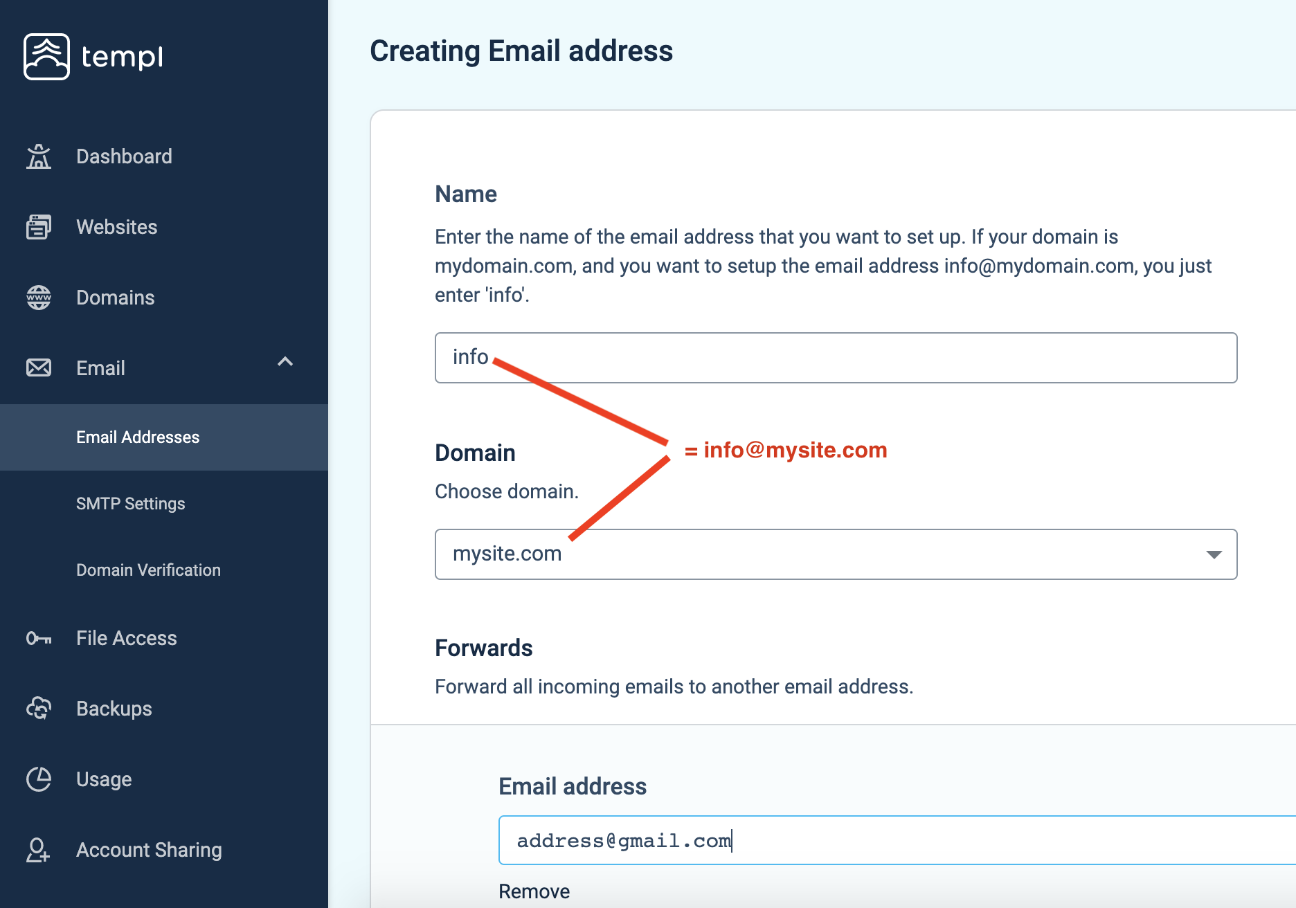 Creating an email address in the Templ Panel