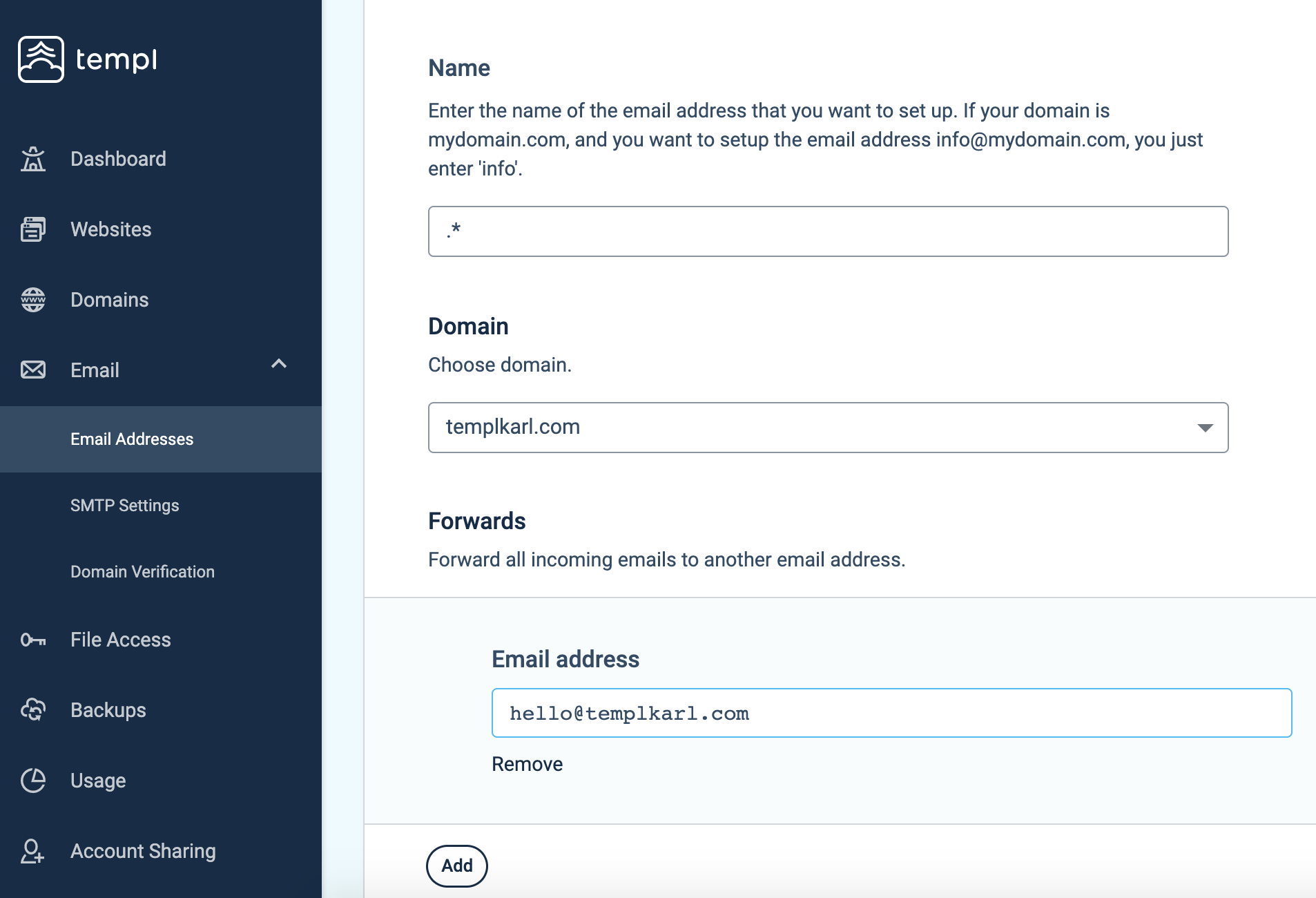 Filling in a catch-all forwarding address in the Templ Panel