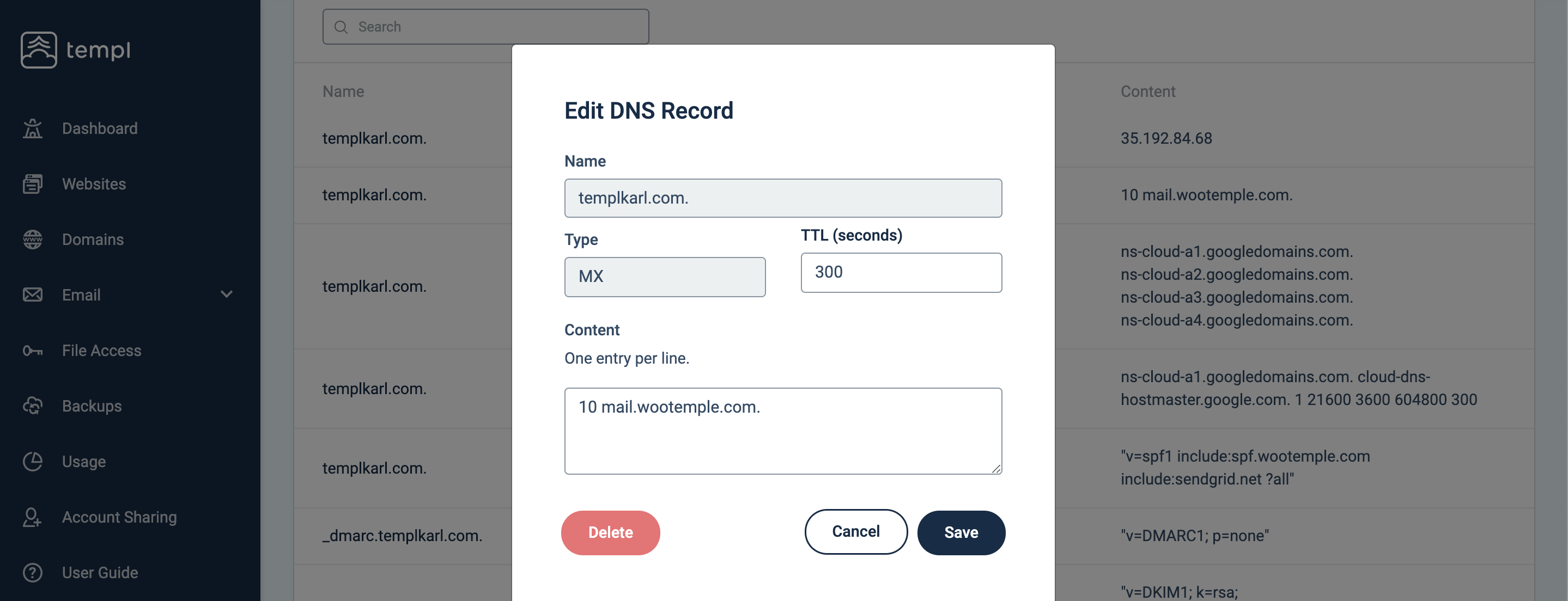 Managing MX records in the Templ Panel DNS settings