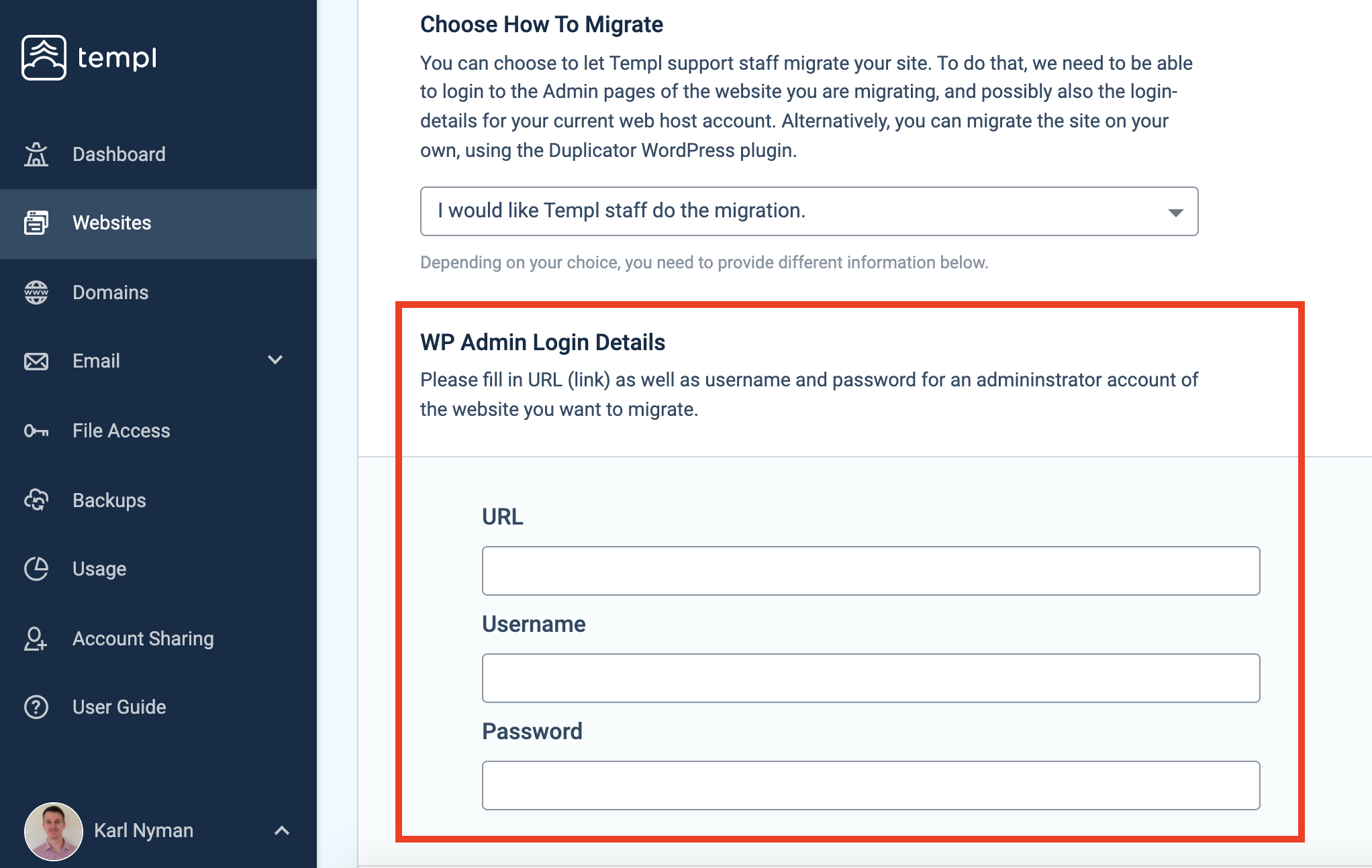 Migration request form fields for WP Admin credentials