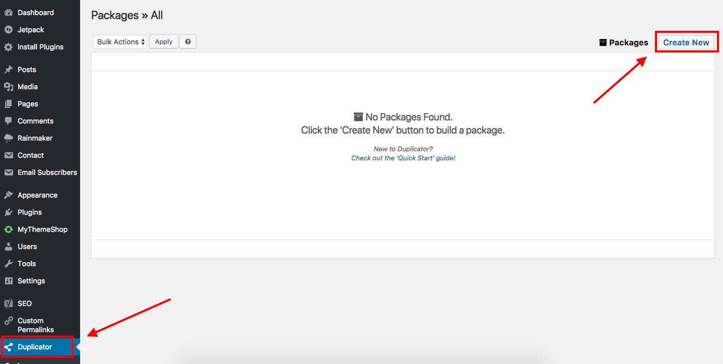 Duplicator Packages page with Create New button