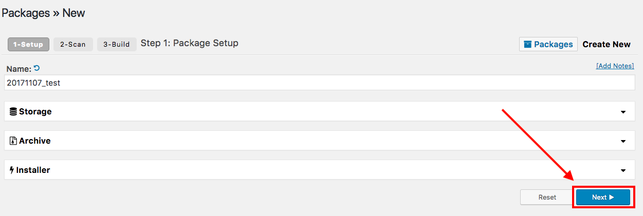Duplicator package setup with default settings and Next button
