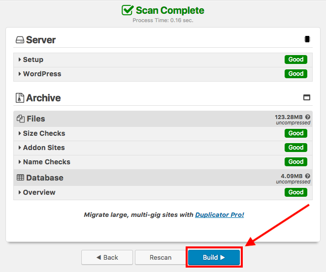 Duplicator scan results with Build button