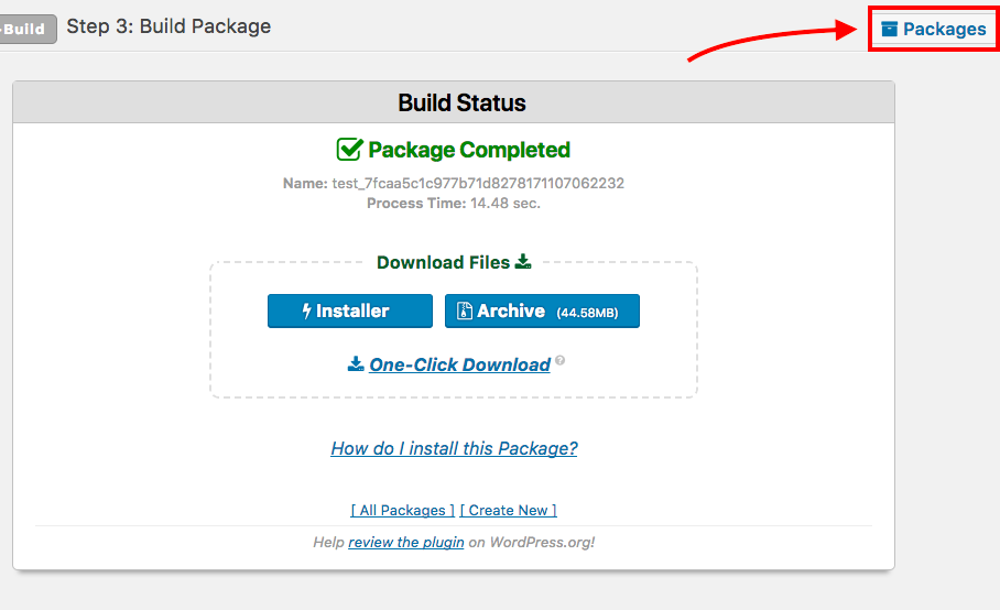 Duplicator build complete with Packages button