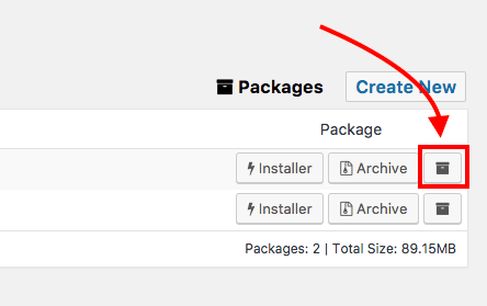 Duplicator package list with Package details icon