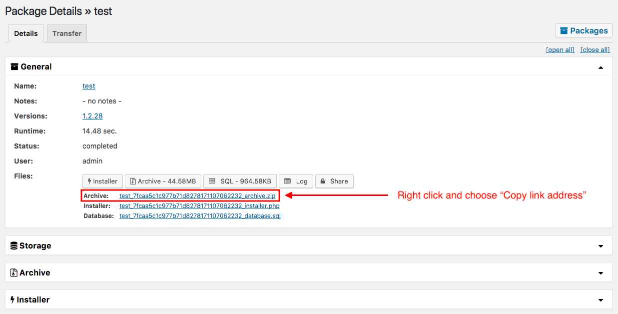 Duplicator package details with the Archive download link