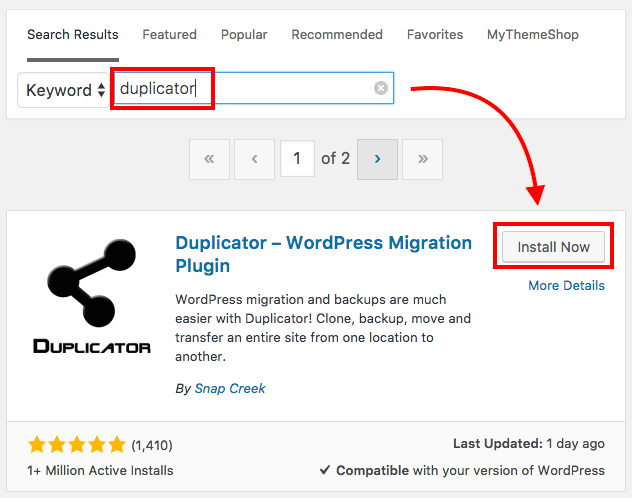 WordPress Add Plugins search for Duplicator