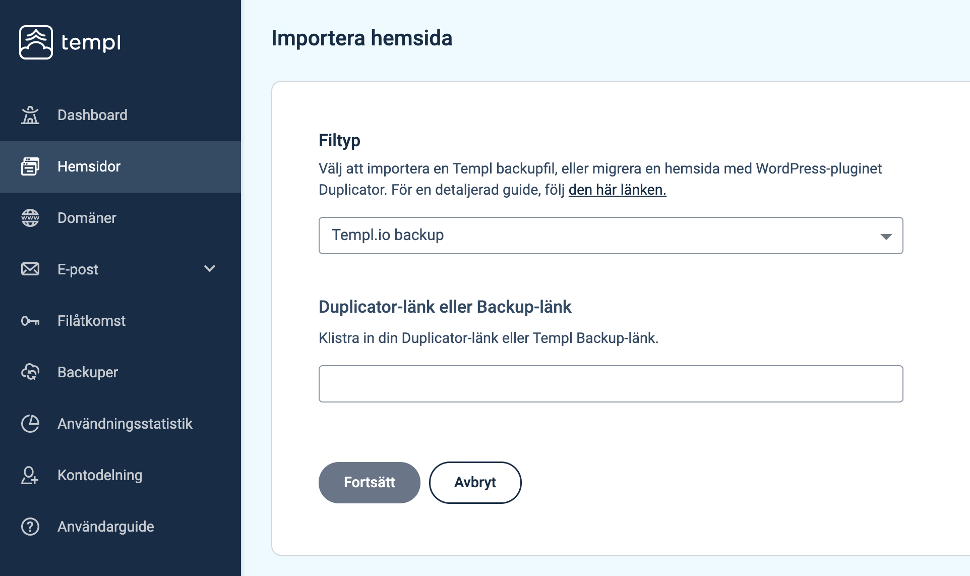 Templ Panel import with Duplicator archive URL field