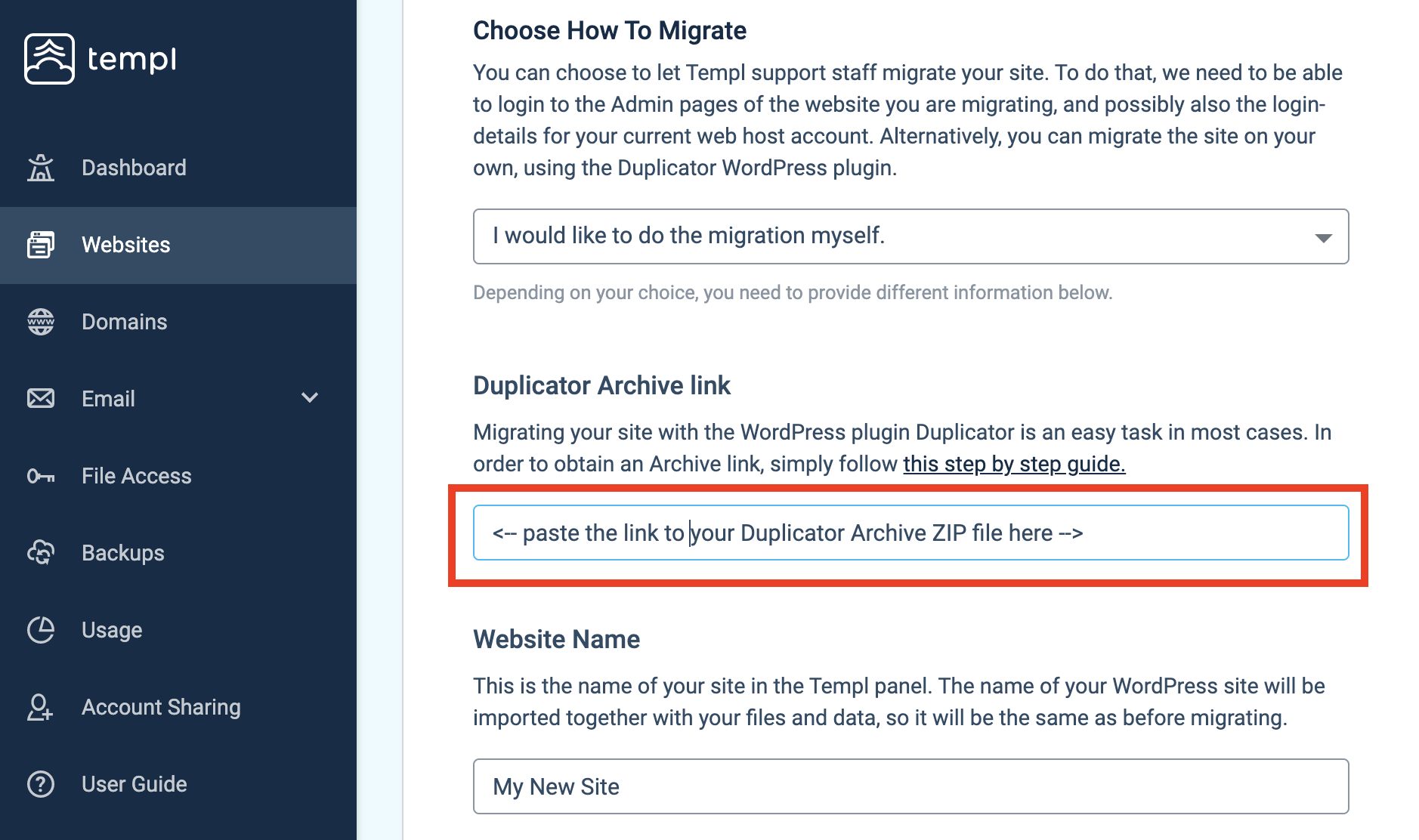 Templ Panel Migrate Website form with Duplicator archive link field