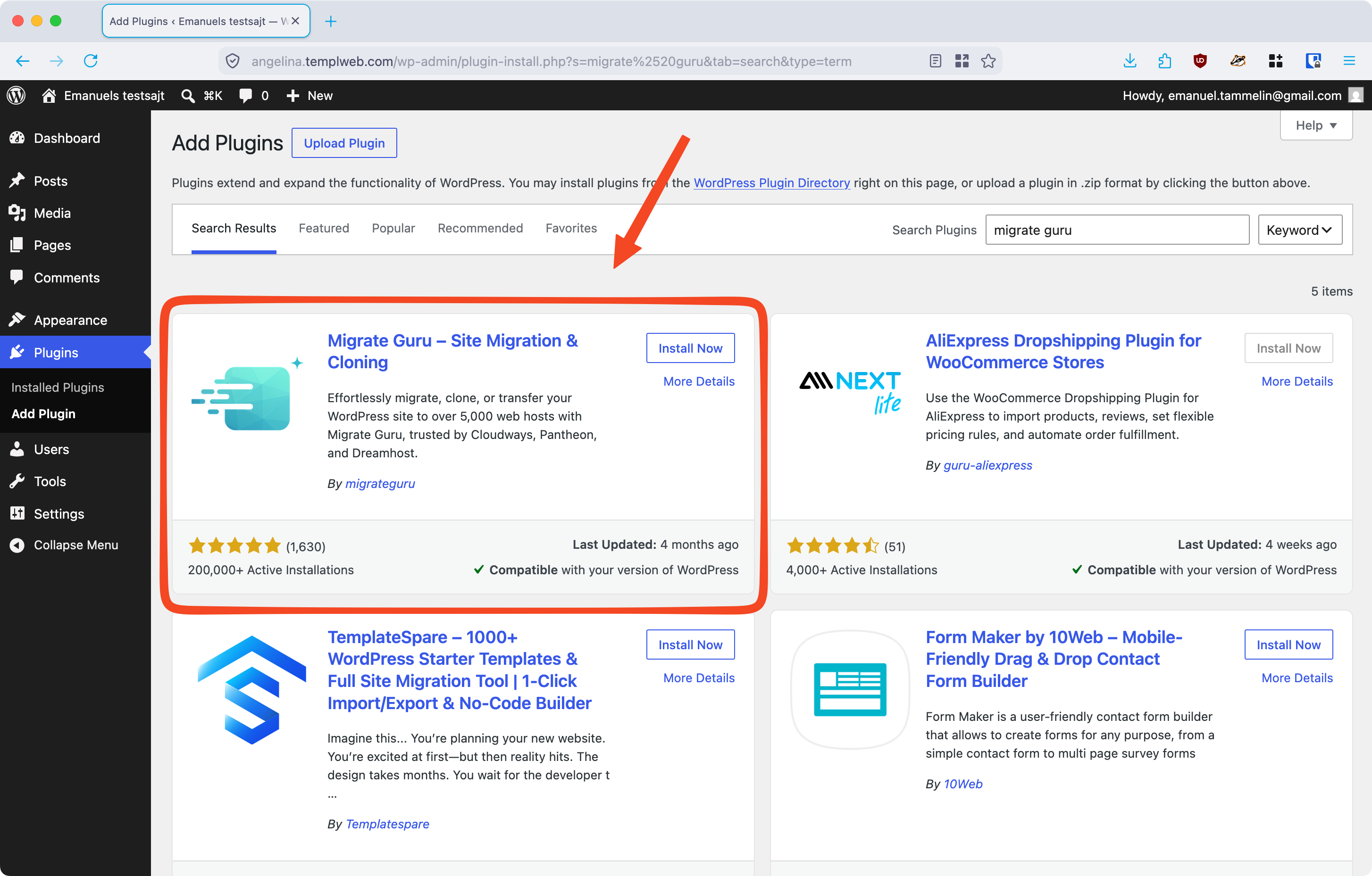 Migrate Guru in the WordPress Add Plugins search results