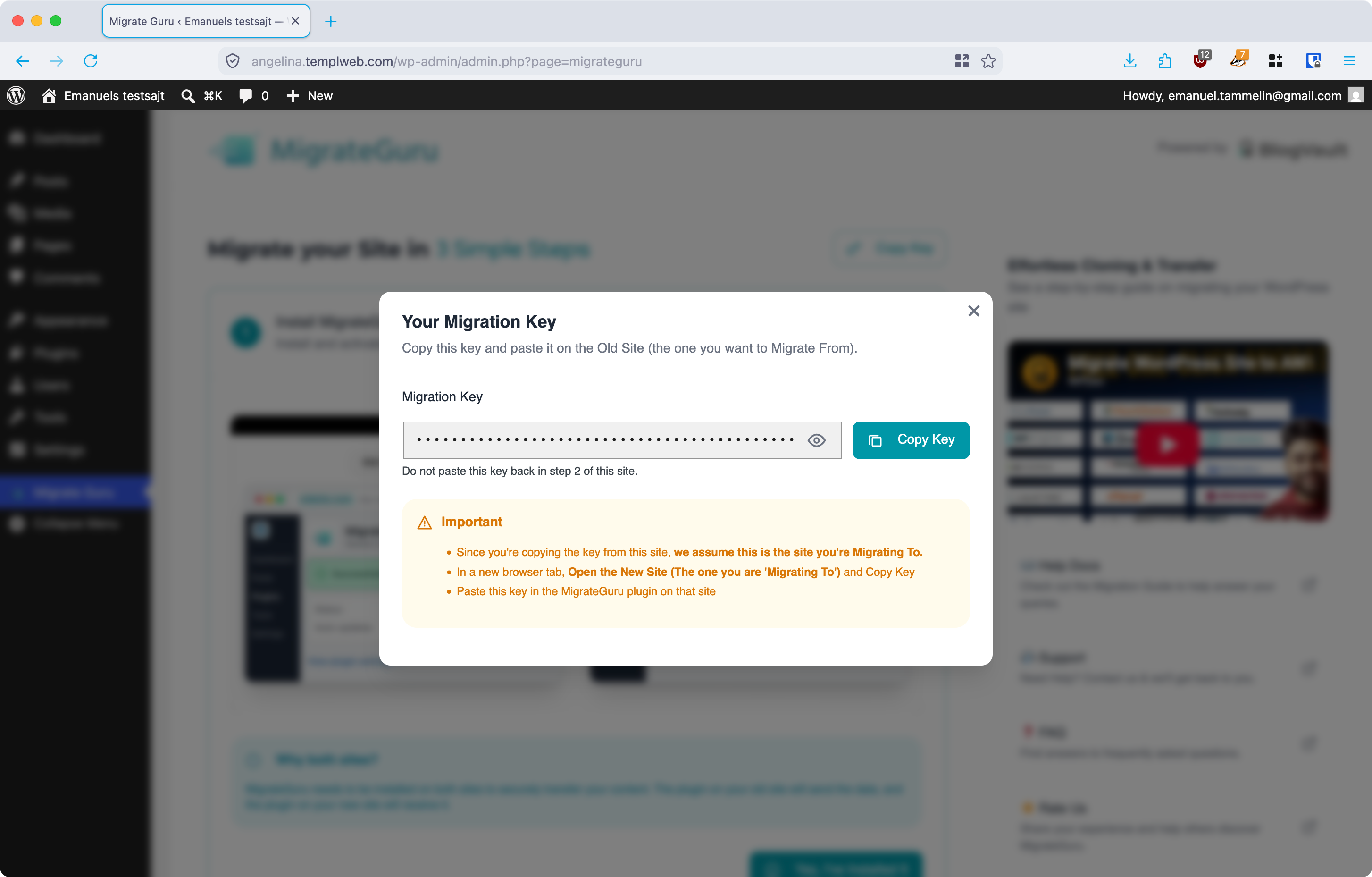 The Your Migration Key dialog in Migrate Guru with the Copy Key button
