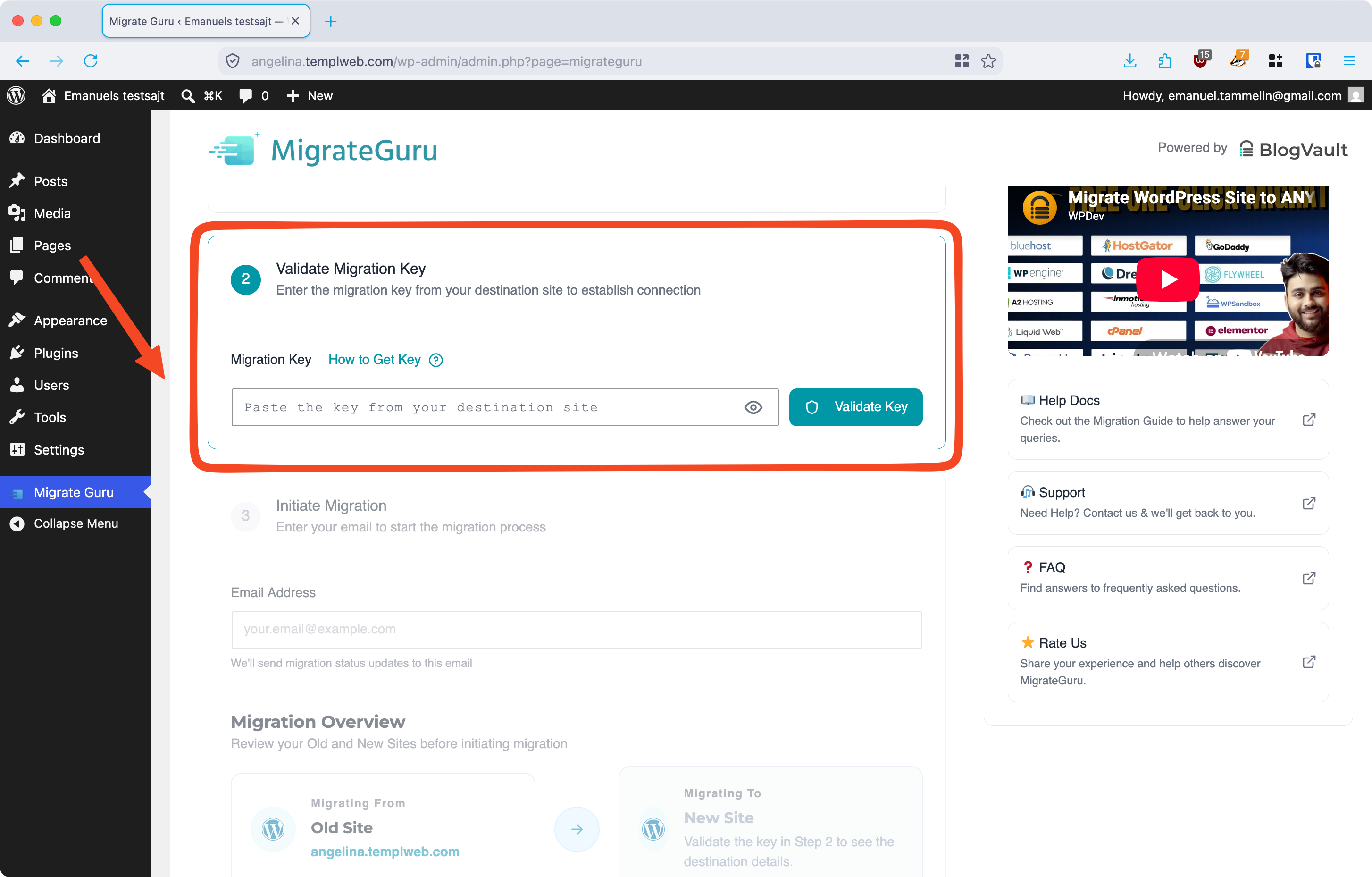 Pasting the migration key into the Validate Migration Key step on the source site