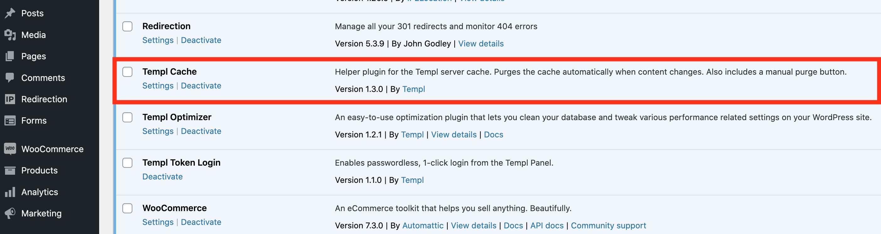 Templ Cache settings in WP Admin