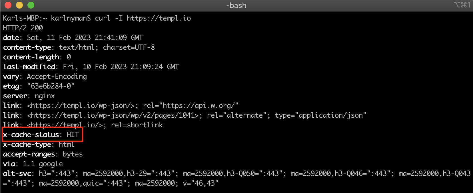 Cache HIT shown in the response headers from a curl request