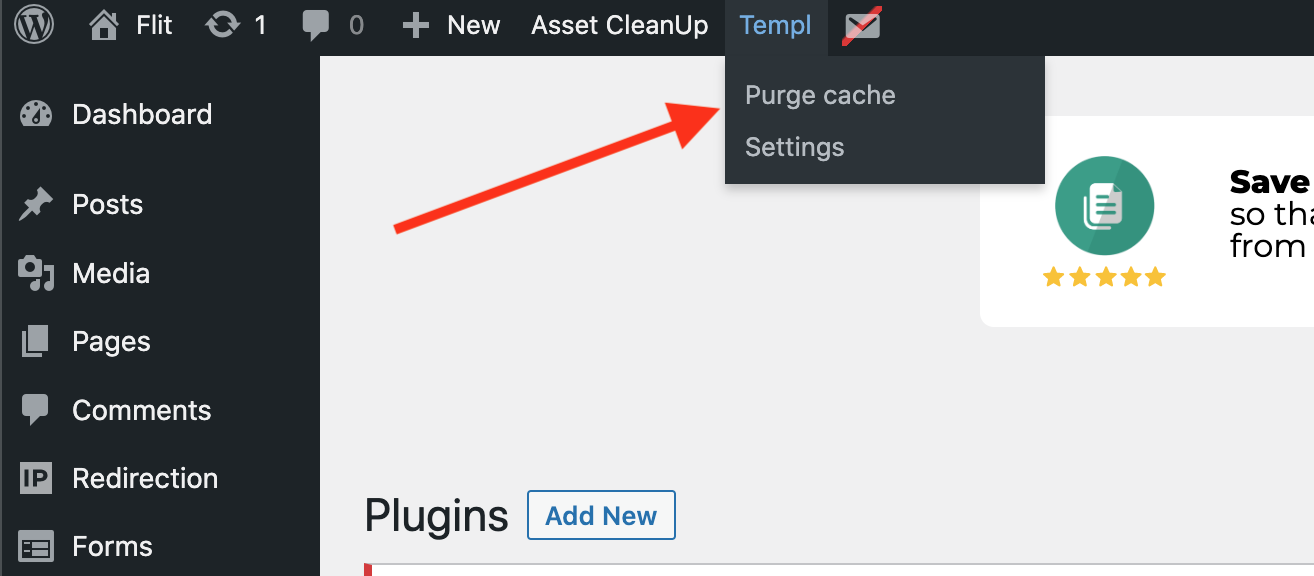 Purge cache shortcut at the top of the WordPress dashboard